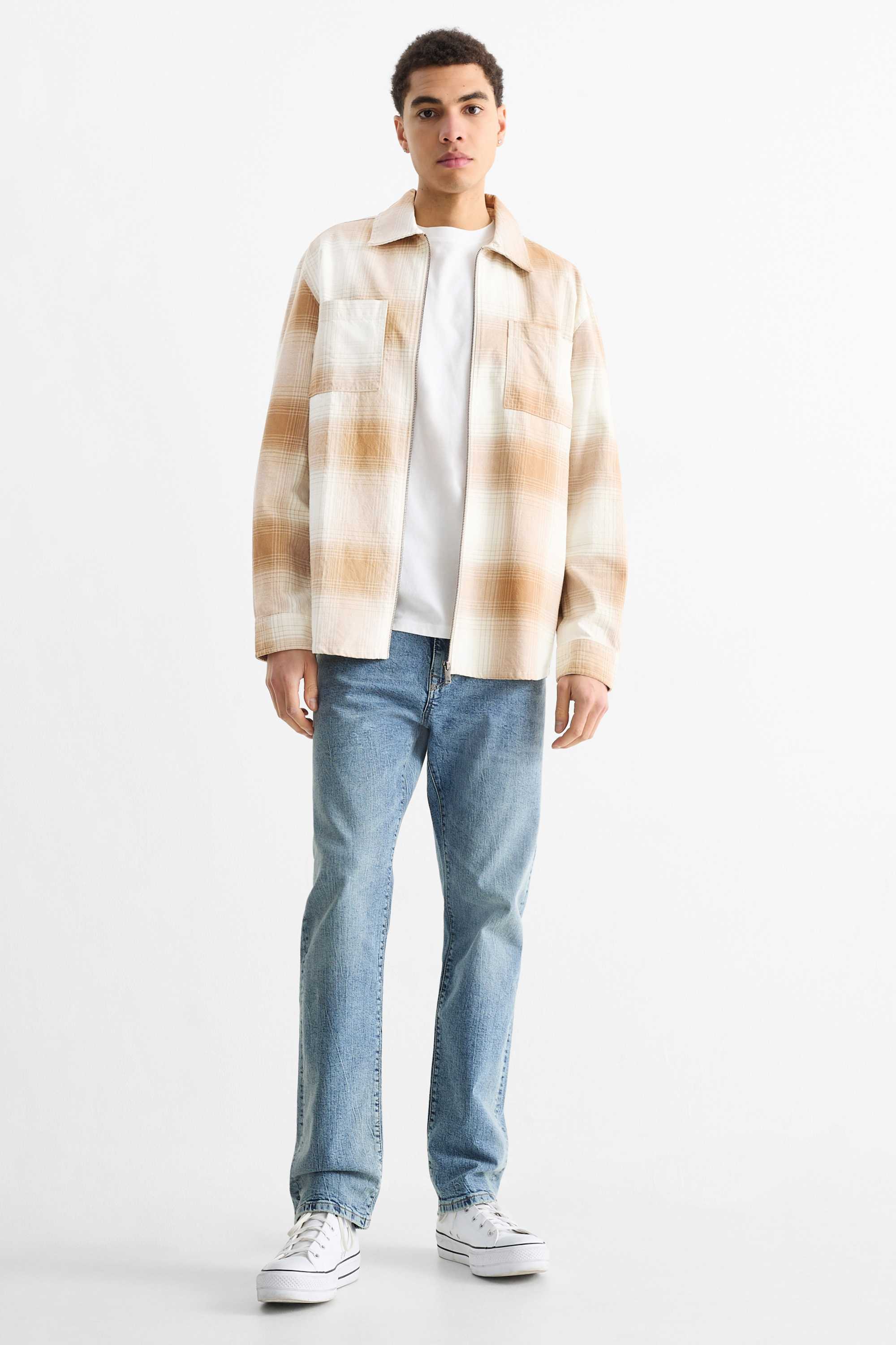 Shirt jacket - relaxed fit - kent collar - check white / beige