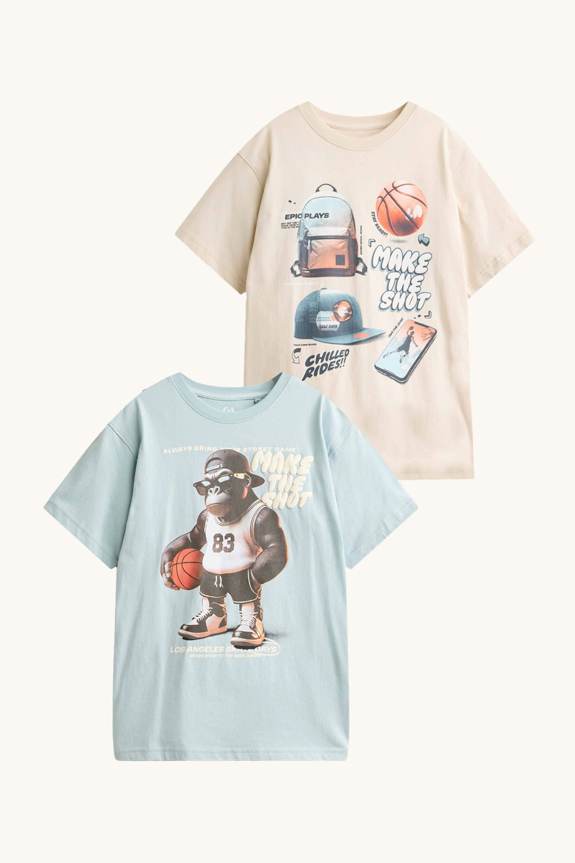 Multipack of 2 - basketball and gorilla - short sleeve T-shirt beige