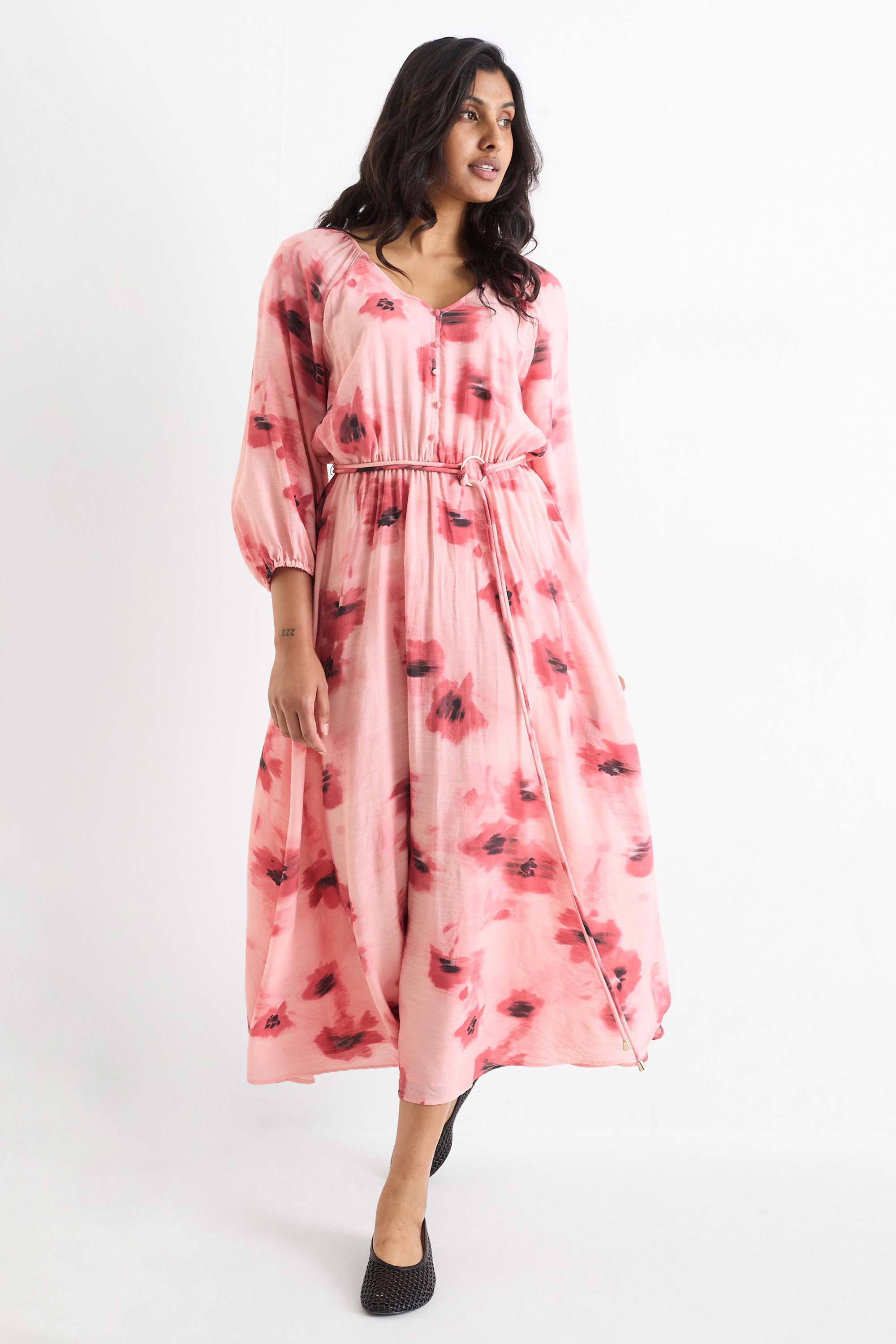 V-neck dress - straight fit - floral pink / rose