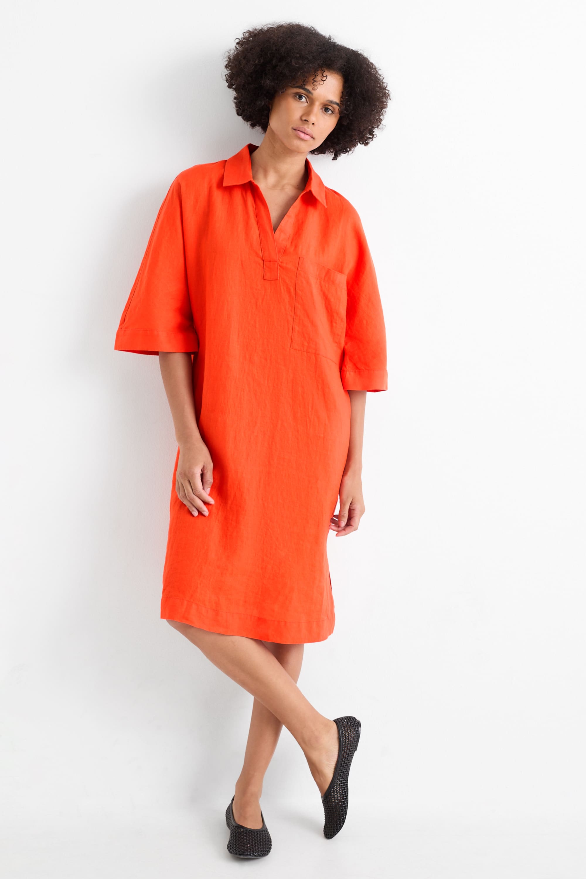 Linen dress - straight fit orange