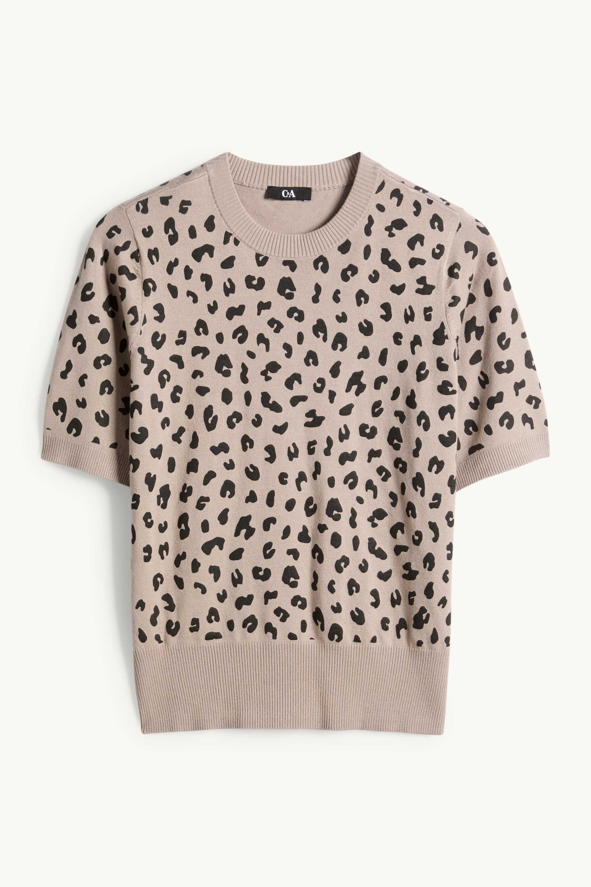 Knitted jumper - short sleeve - leopard print black / beige