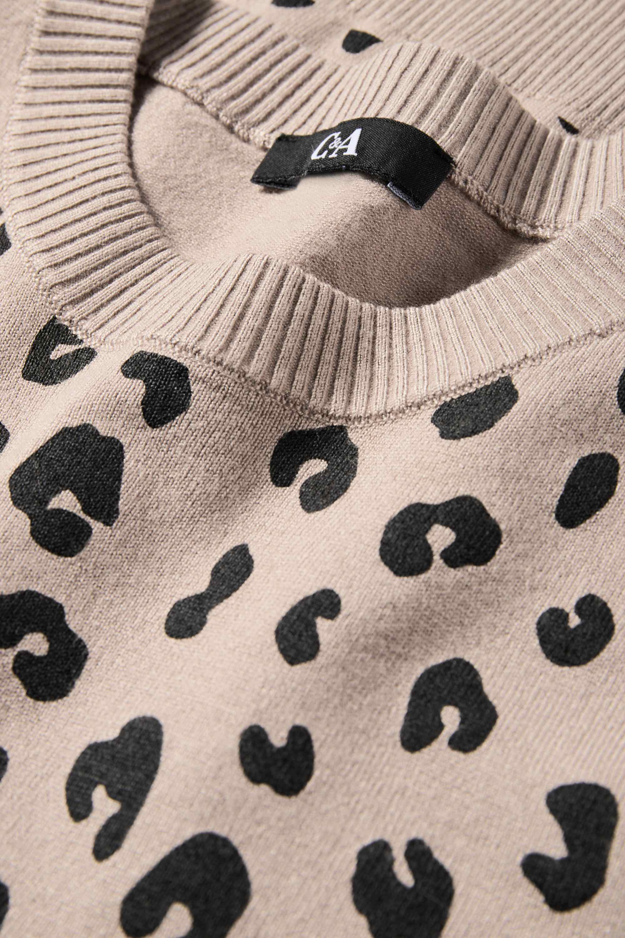 Knitted jumper - short sleeve - leopard print black / beige