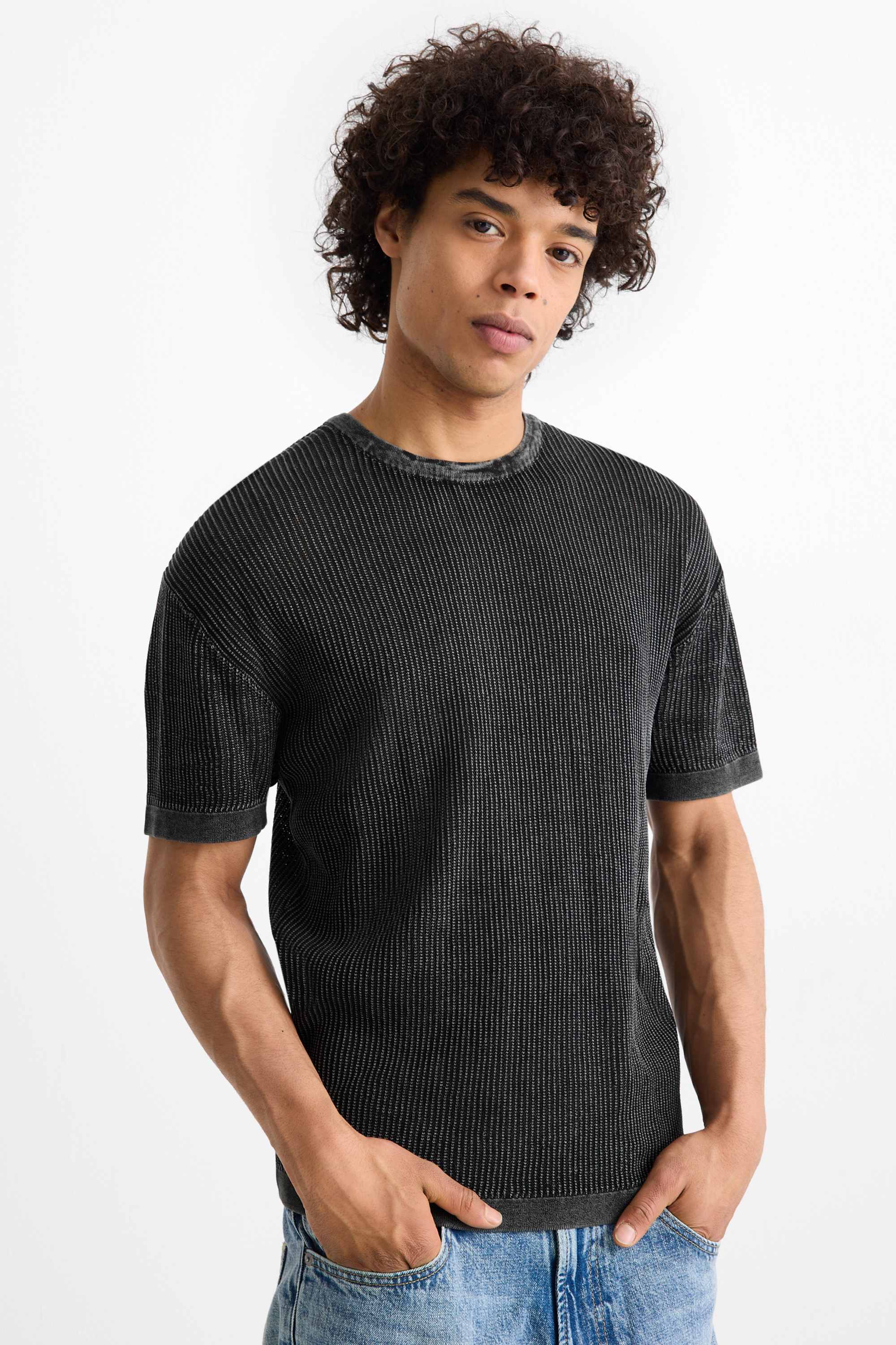 Knitted jumper - short sleeve - ribbed black