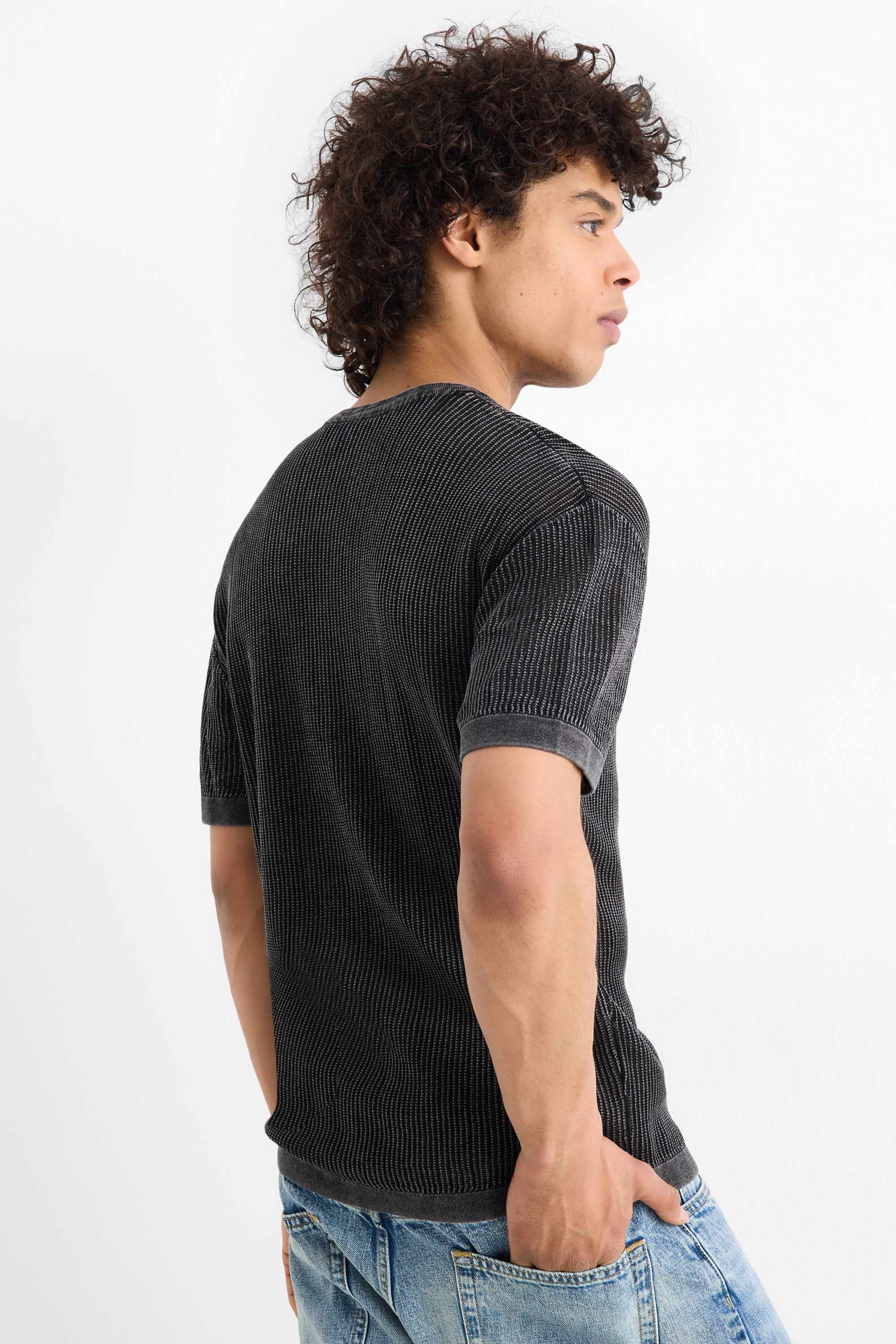 Knitted jumper - short sleeve - ribbed black