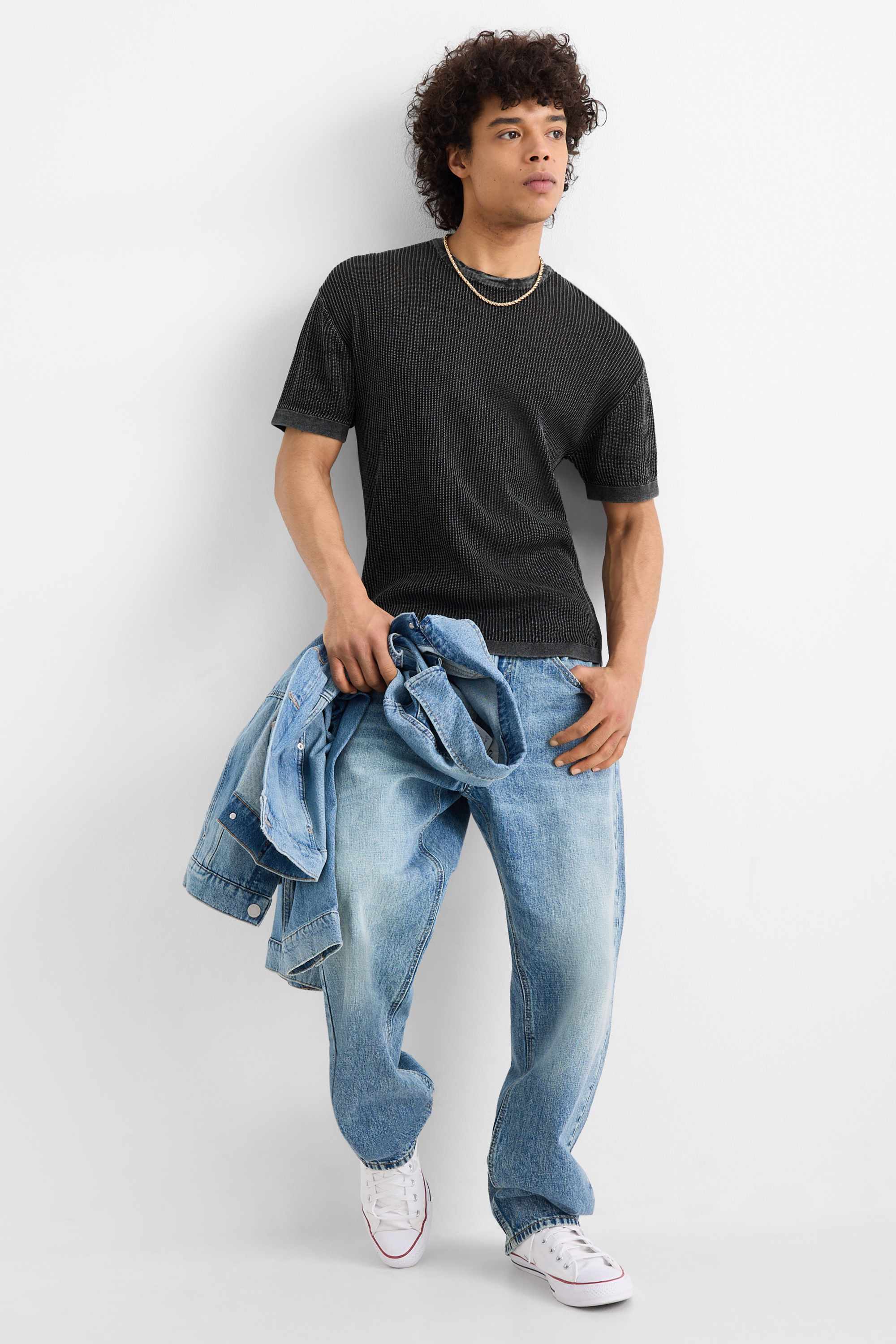 Knitted jumper - short sleeve - ribbed black