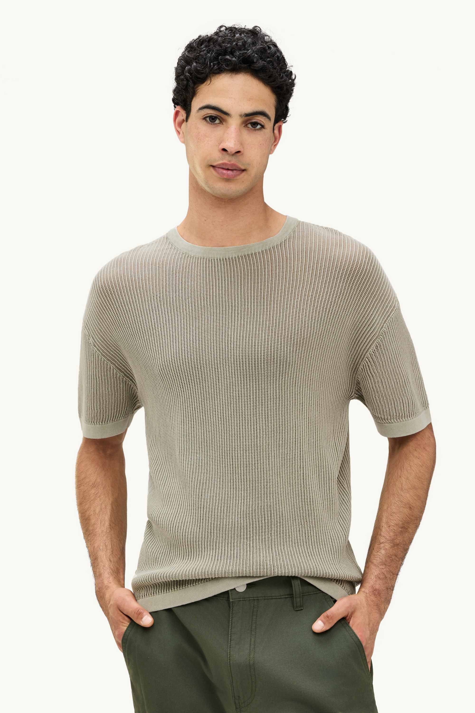 Knitted jumper - short sleeve - ribbed green