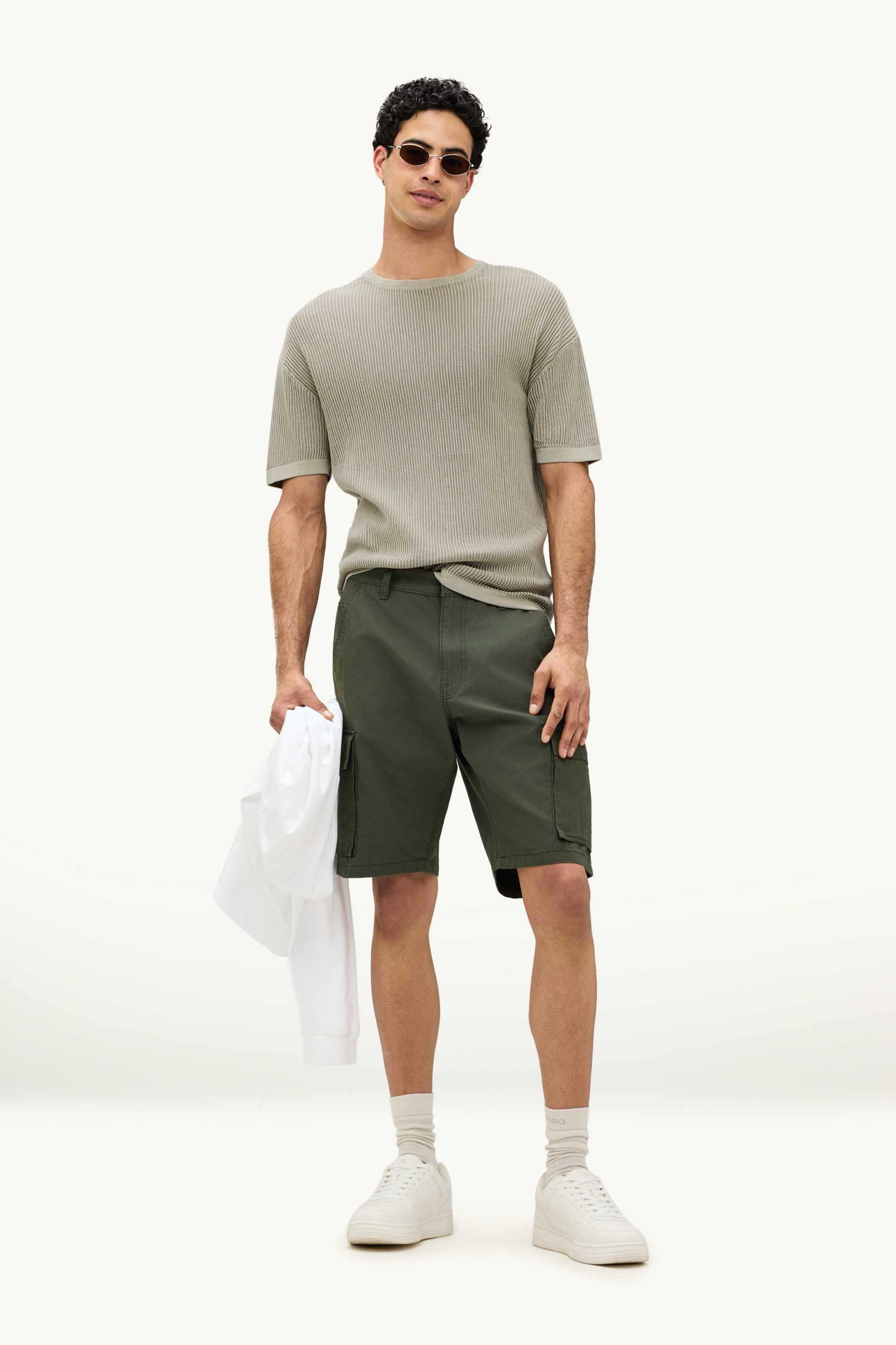 Knitted jumper - short sleeve - ribbed green