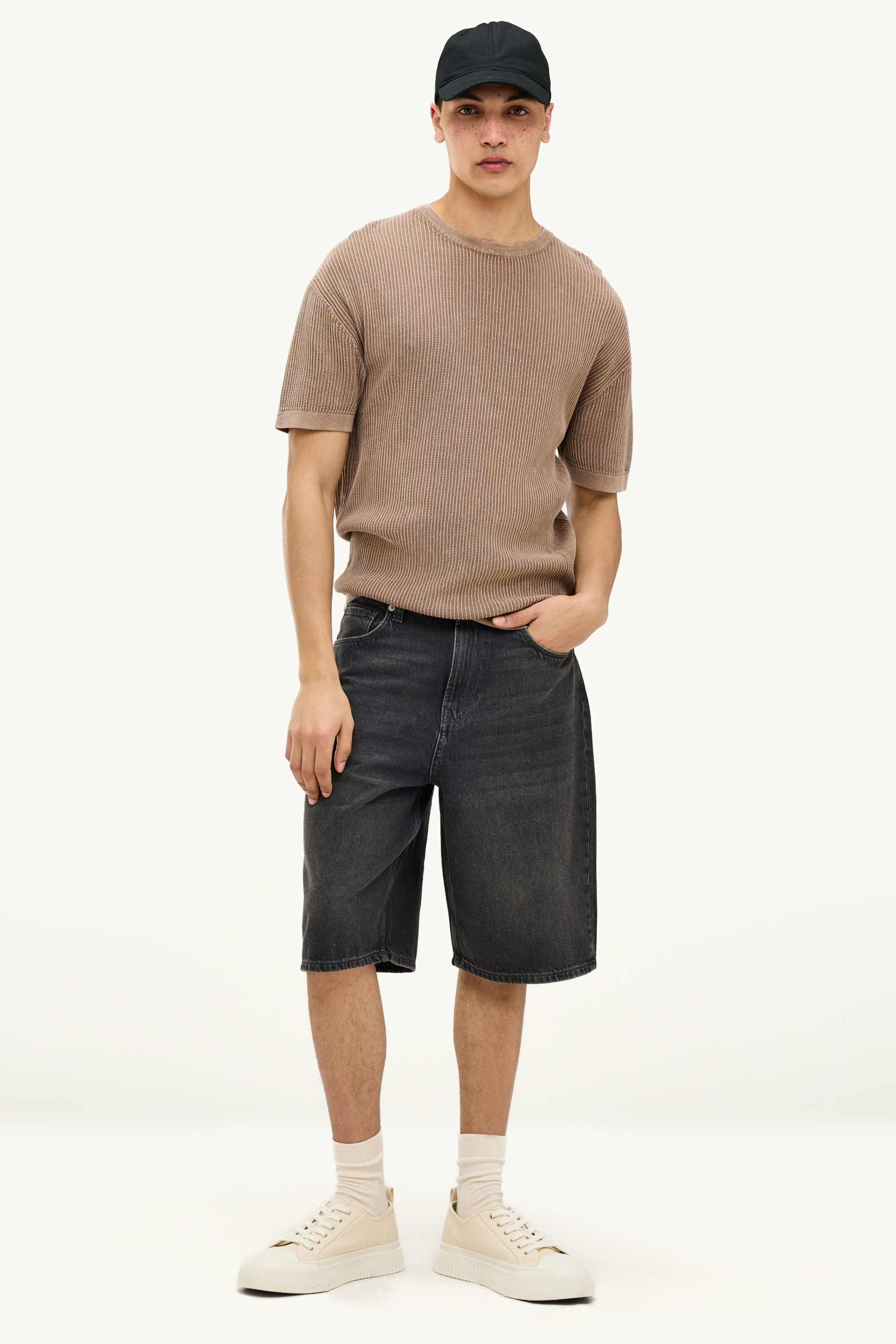 Knitted jumper - short sleeve - ribbed gray