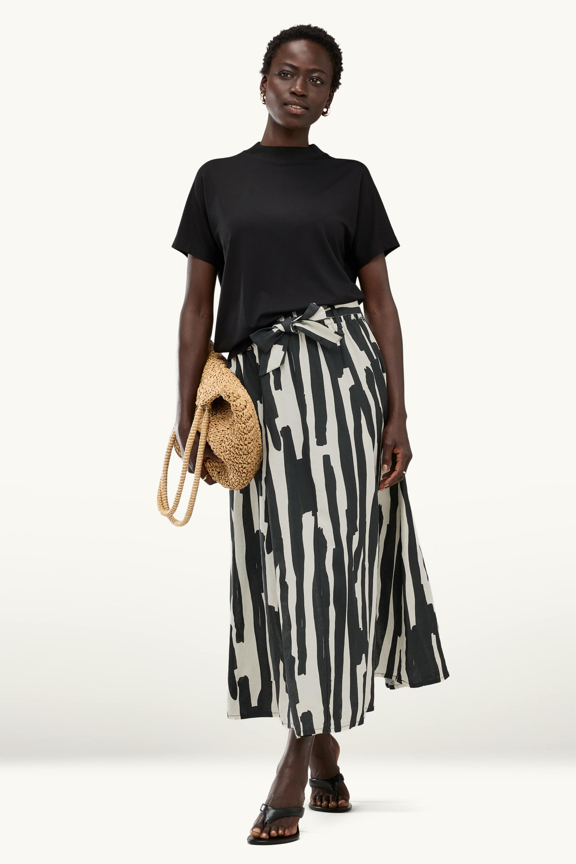 Skirt with belt - linen blend - patterned black / white