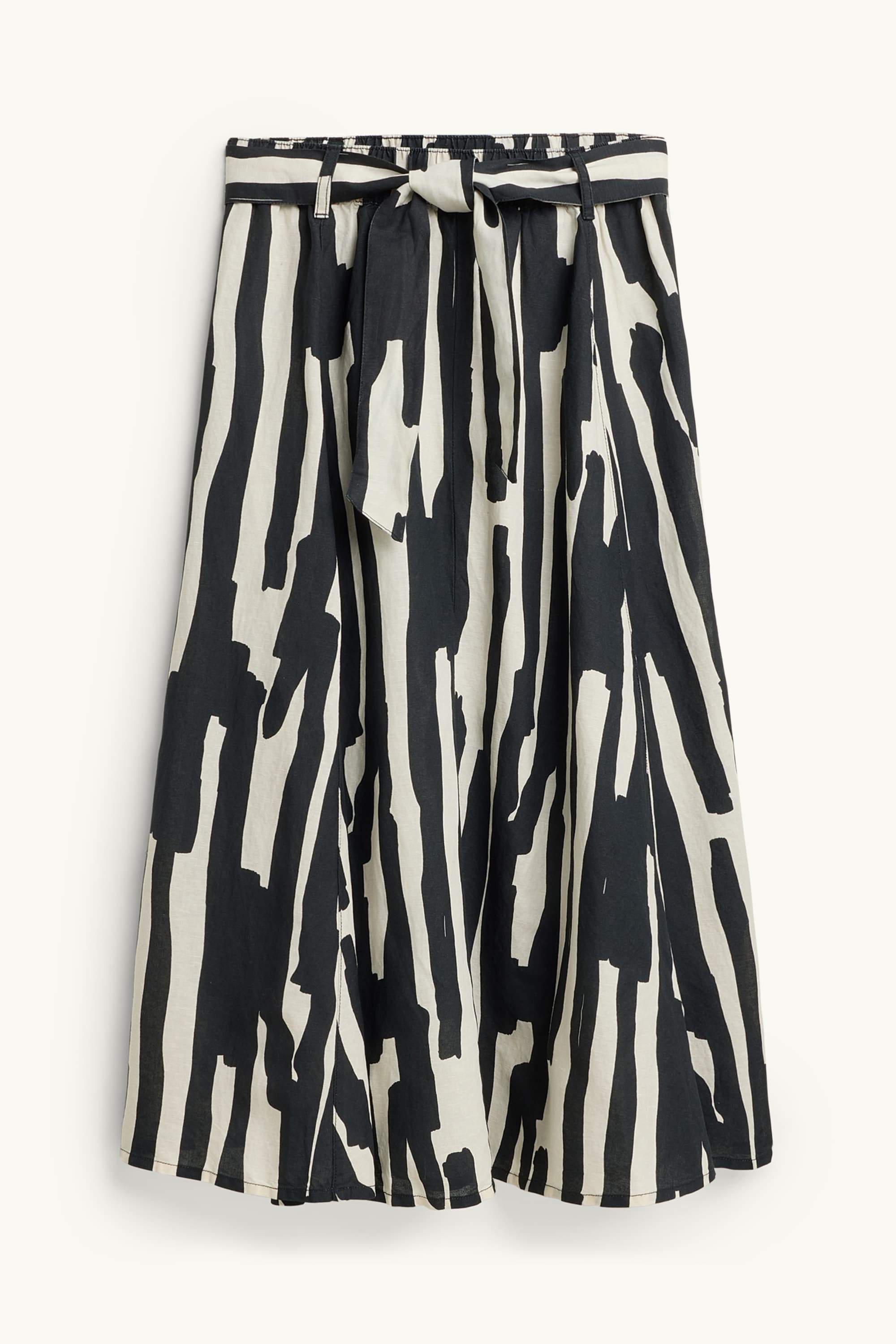 Skirt with belt - linen blend - patterned black / white