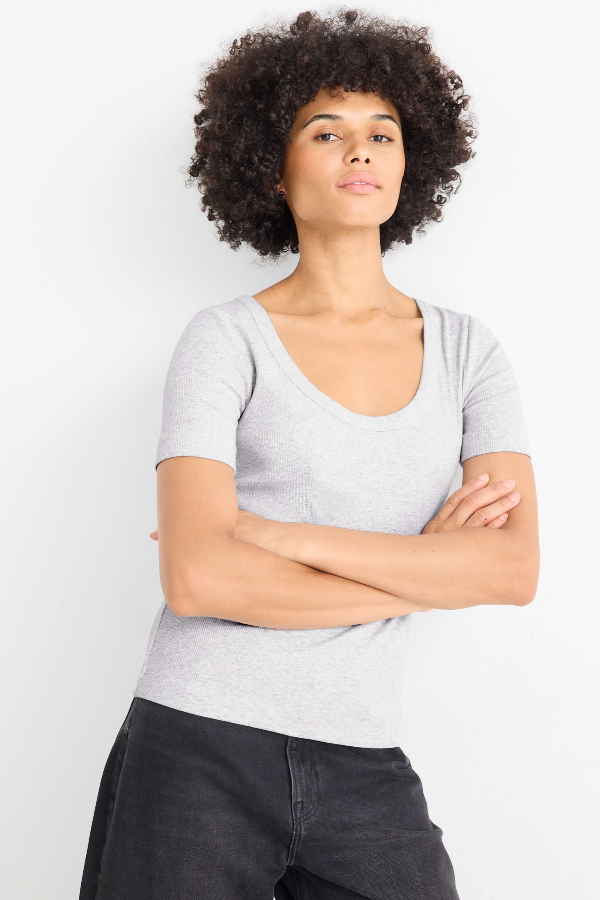 T-shirt - regular fit - ribbed light gray