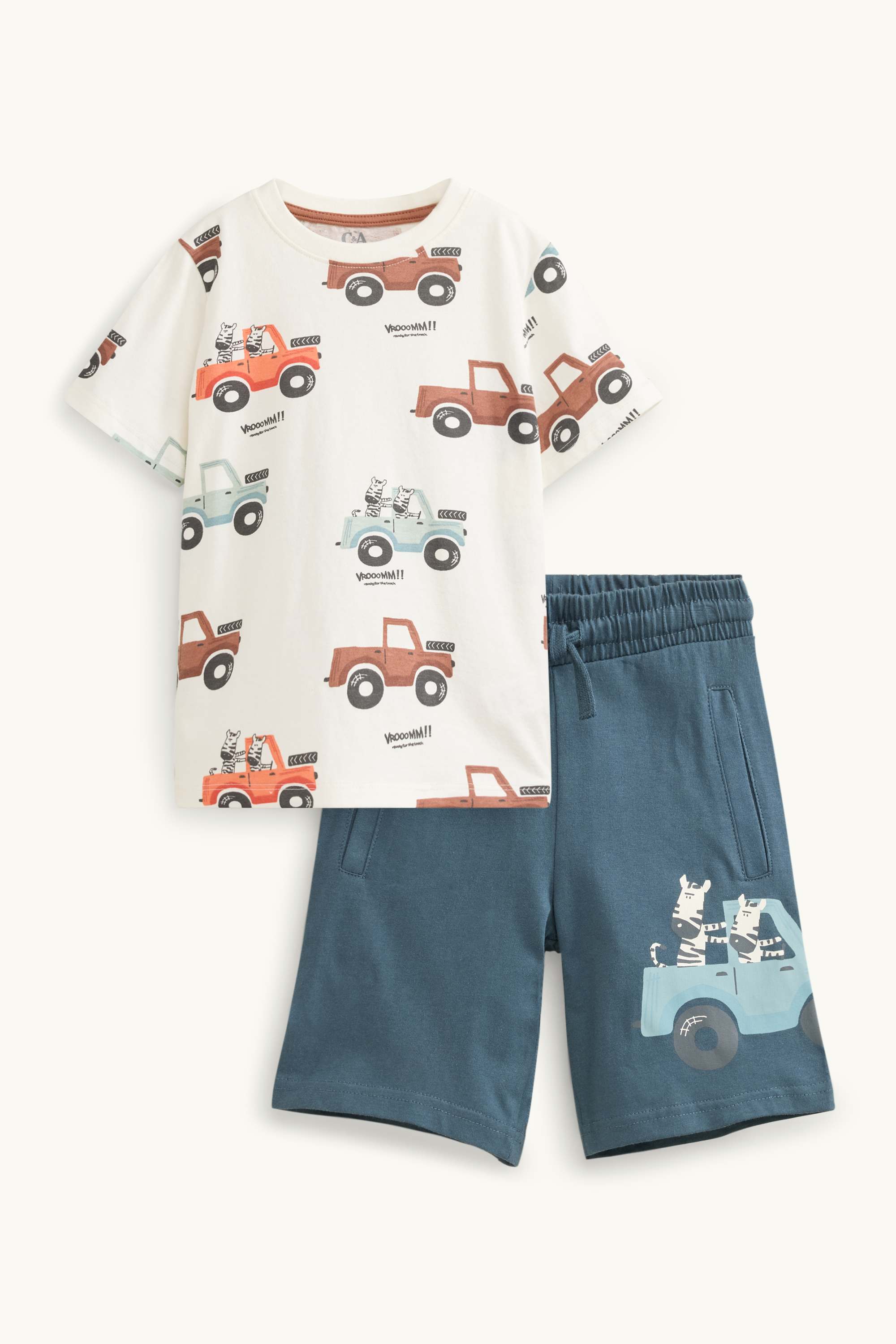 Zebra and car - set - short sleeve T-shirt and shorts beige / blue