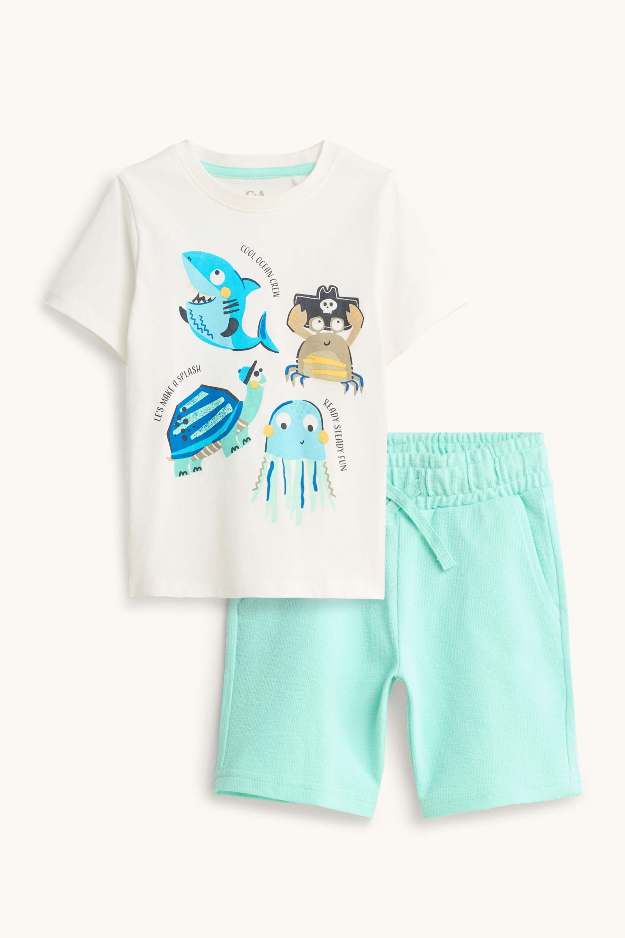 Marine animals - set - short sleeve T-shirt and sweat shorts - 2 piece white / turquoise
