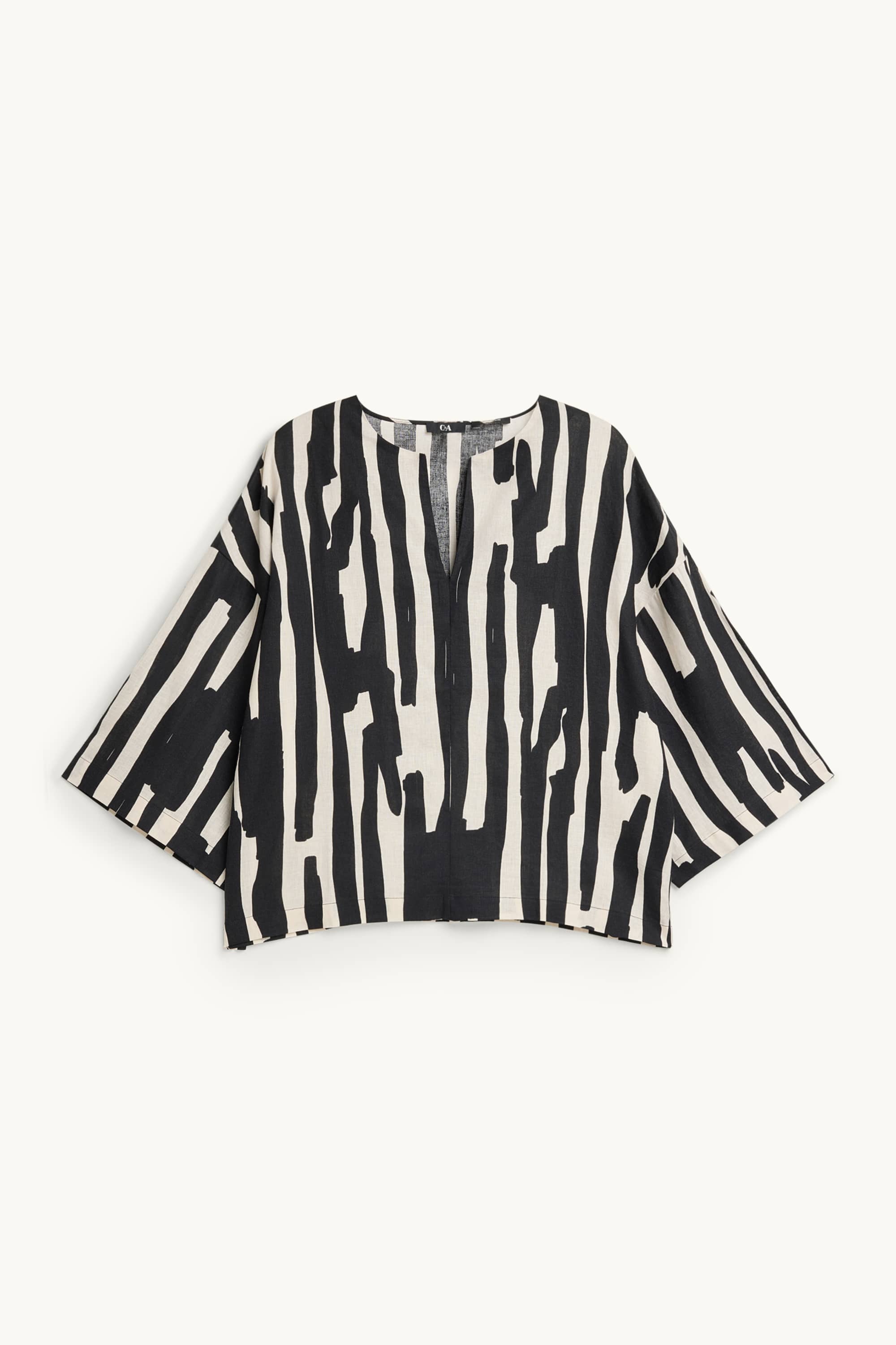 Blouse - linen blend - patterned black / beige