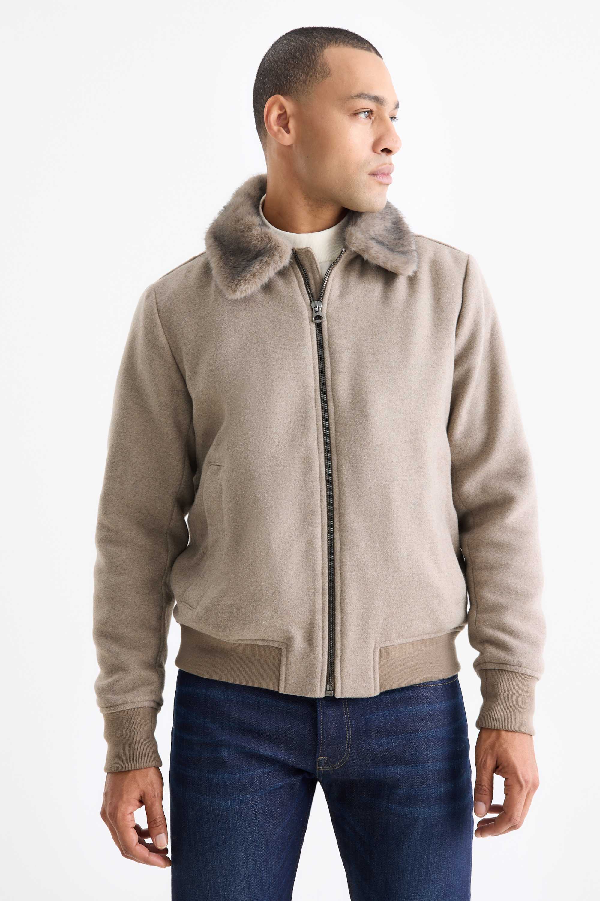 Jacket with faux fur trim beige