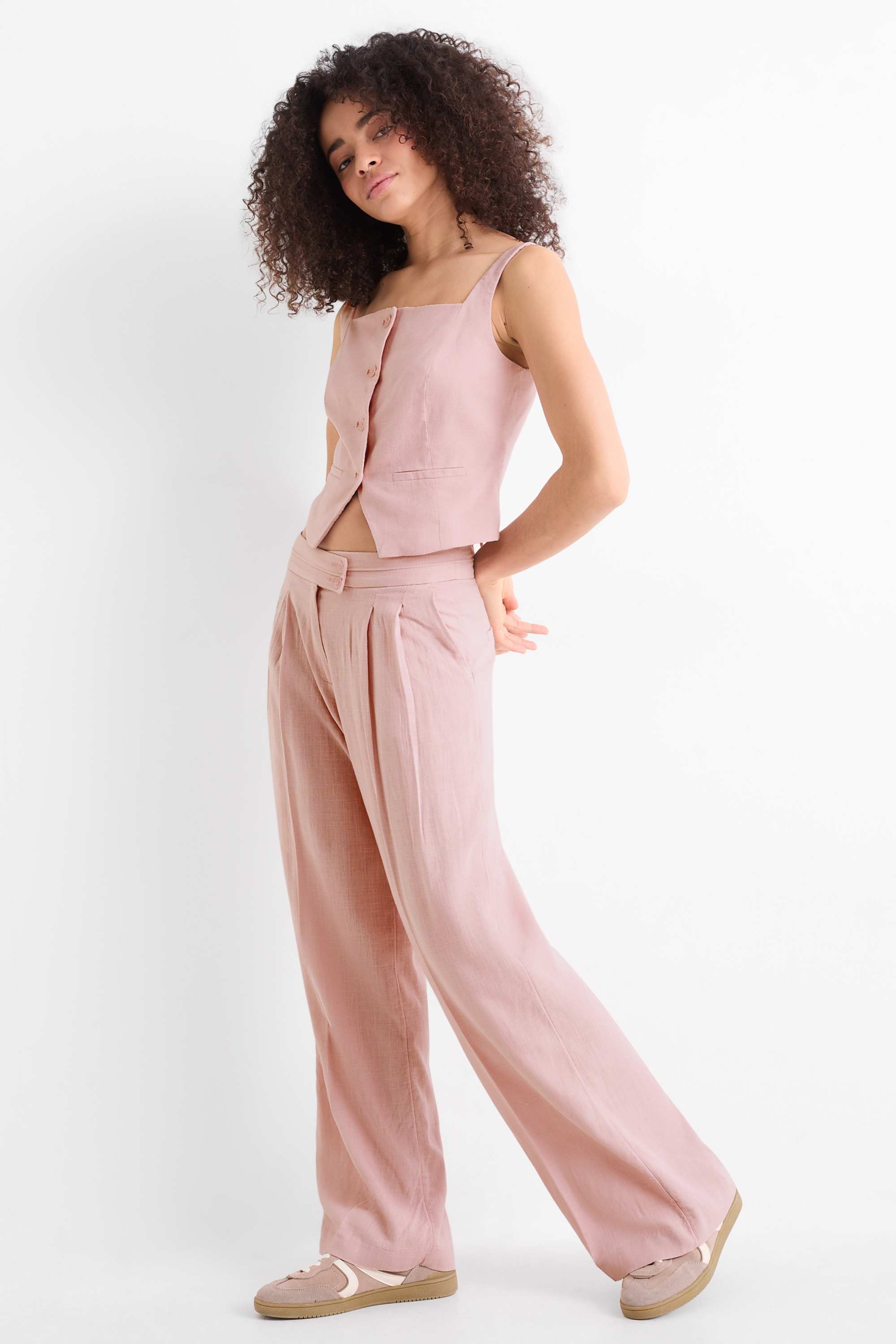 Cloth trousers with linen content - mid-rise waist - loose fit rose