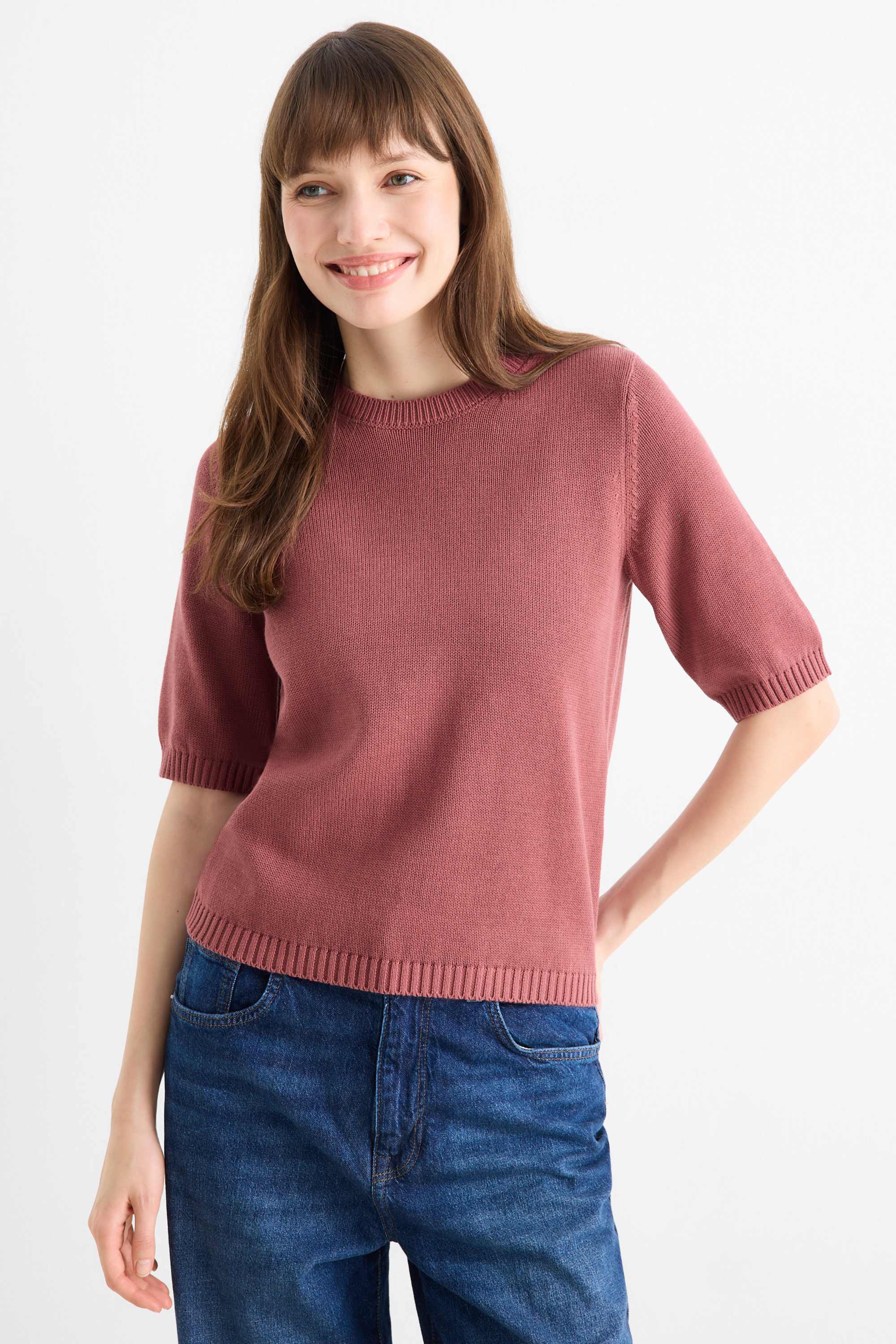 Knitted jumper - short sleeve bordeaux