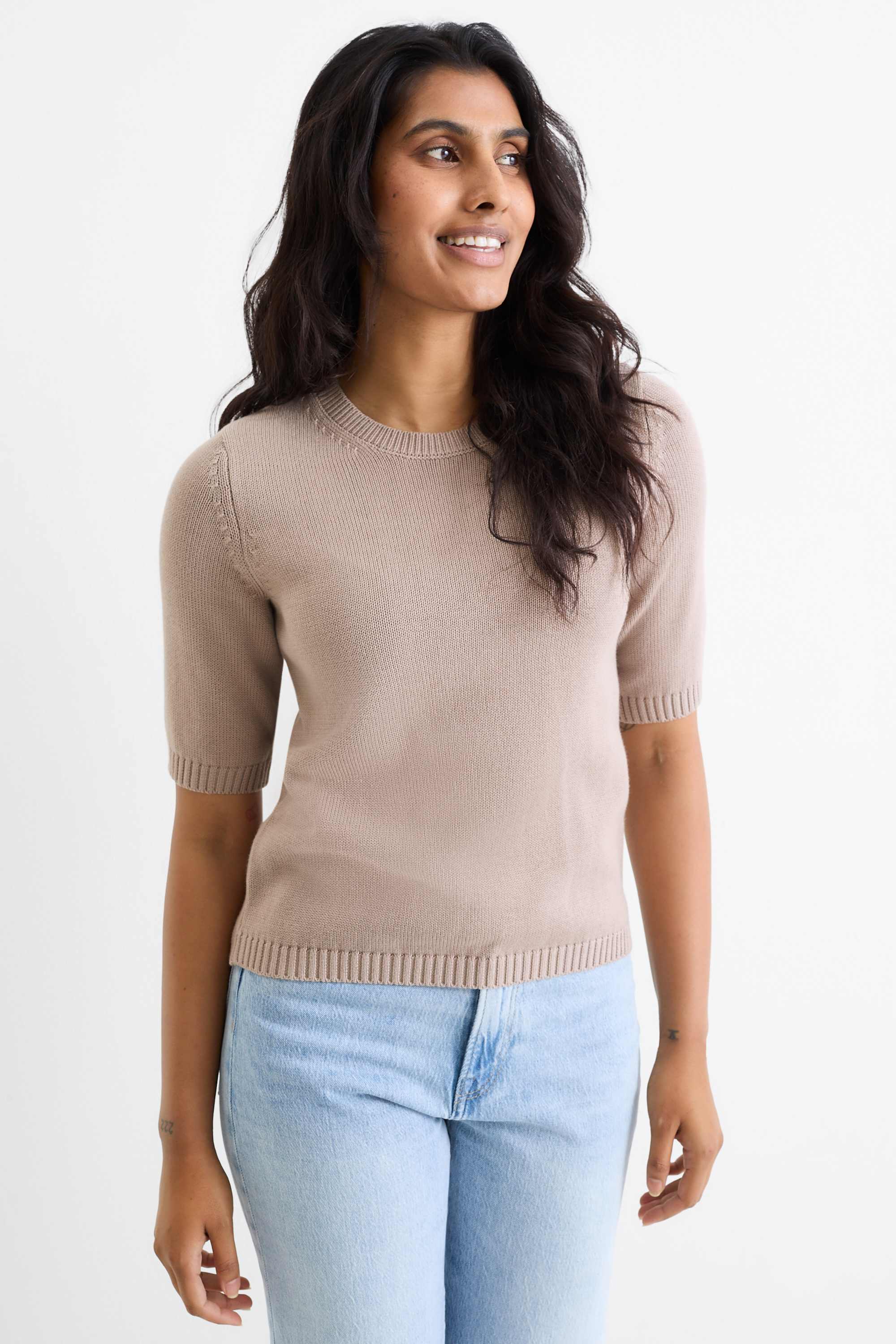 Knitted jumper - short sleeve taupe