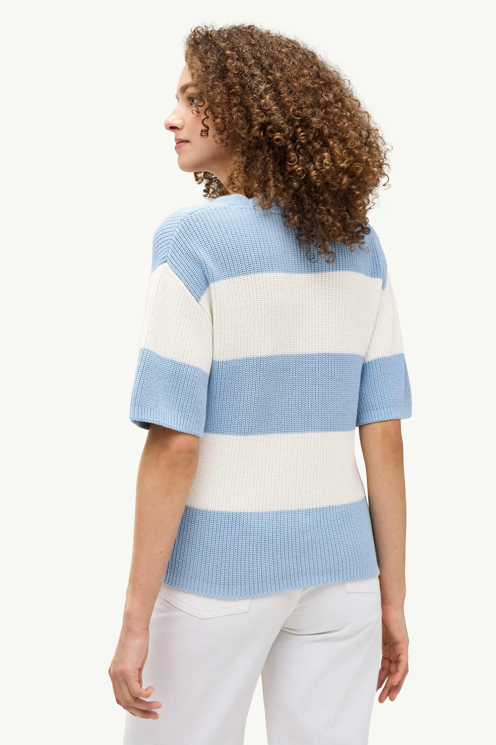 Knitted jumper - short sleeve - ribbed - striped blue / white