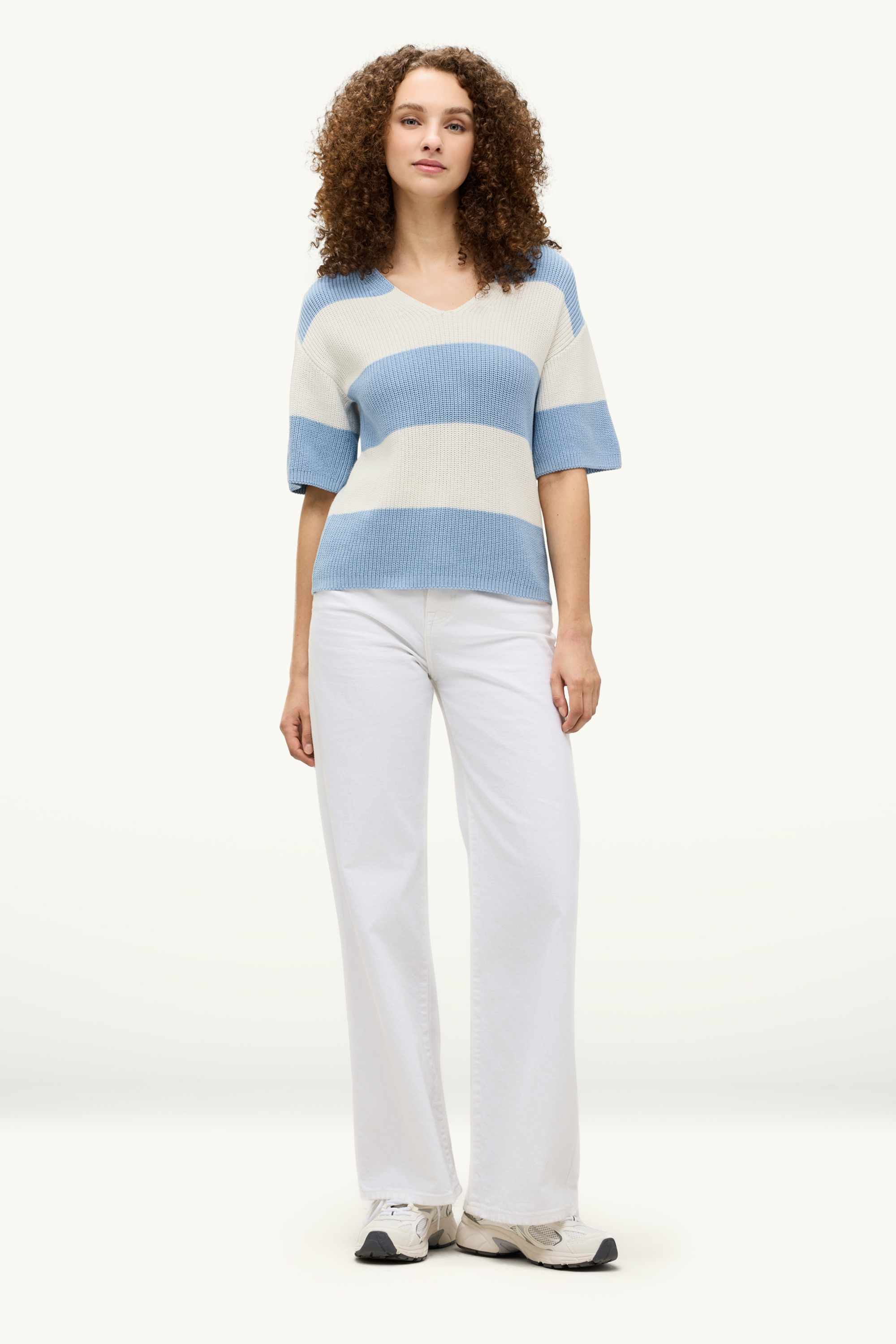 Knitted jumper - short sleeve - ribbed - striped blue / white