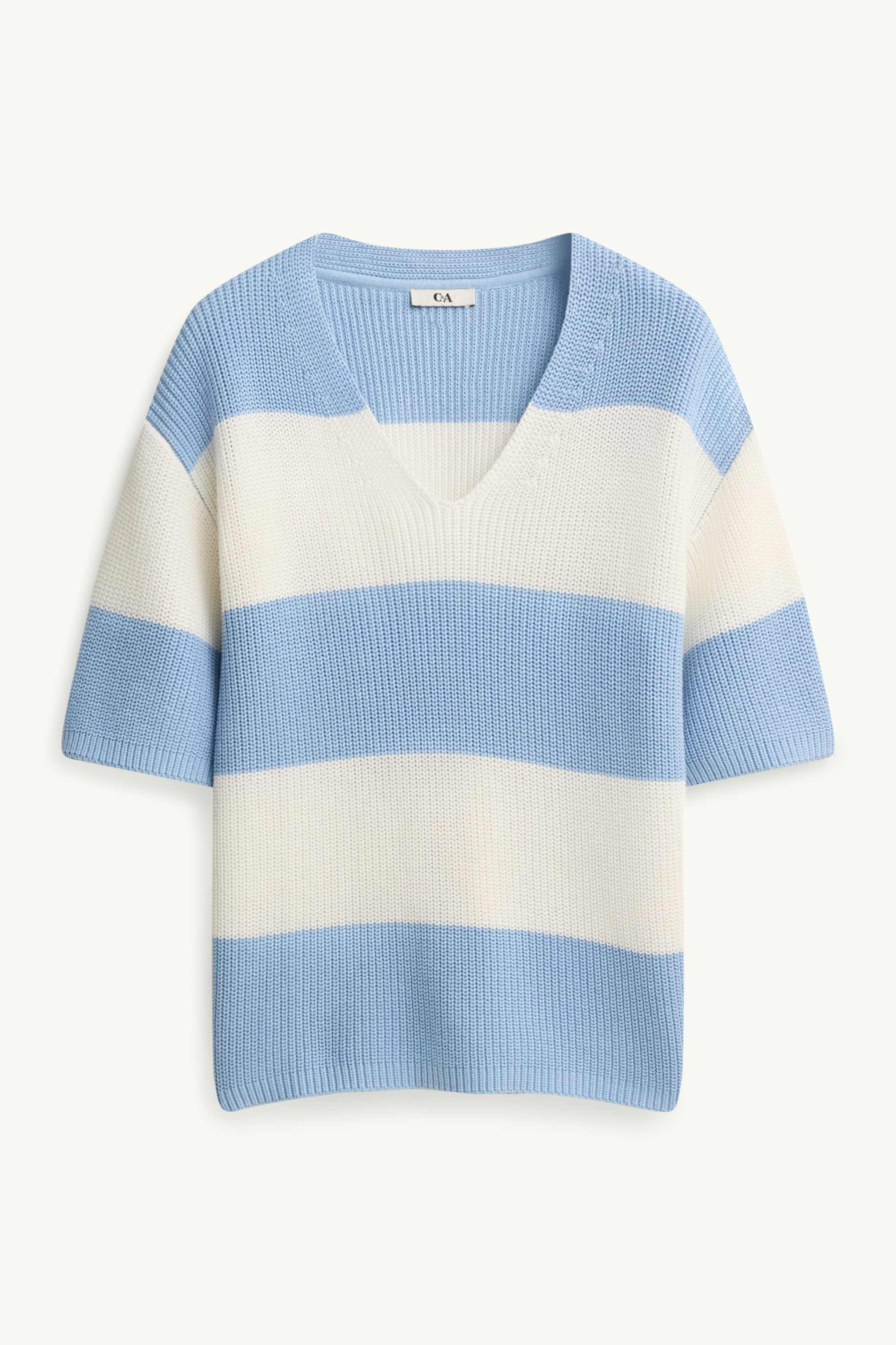 Knitted jumper - short sleeve - ribbed - striped blue / white