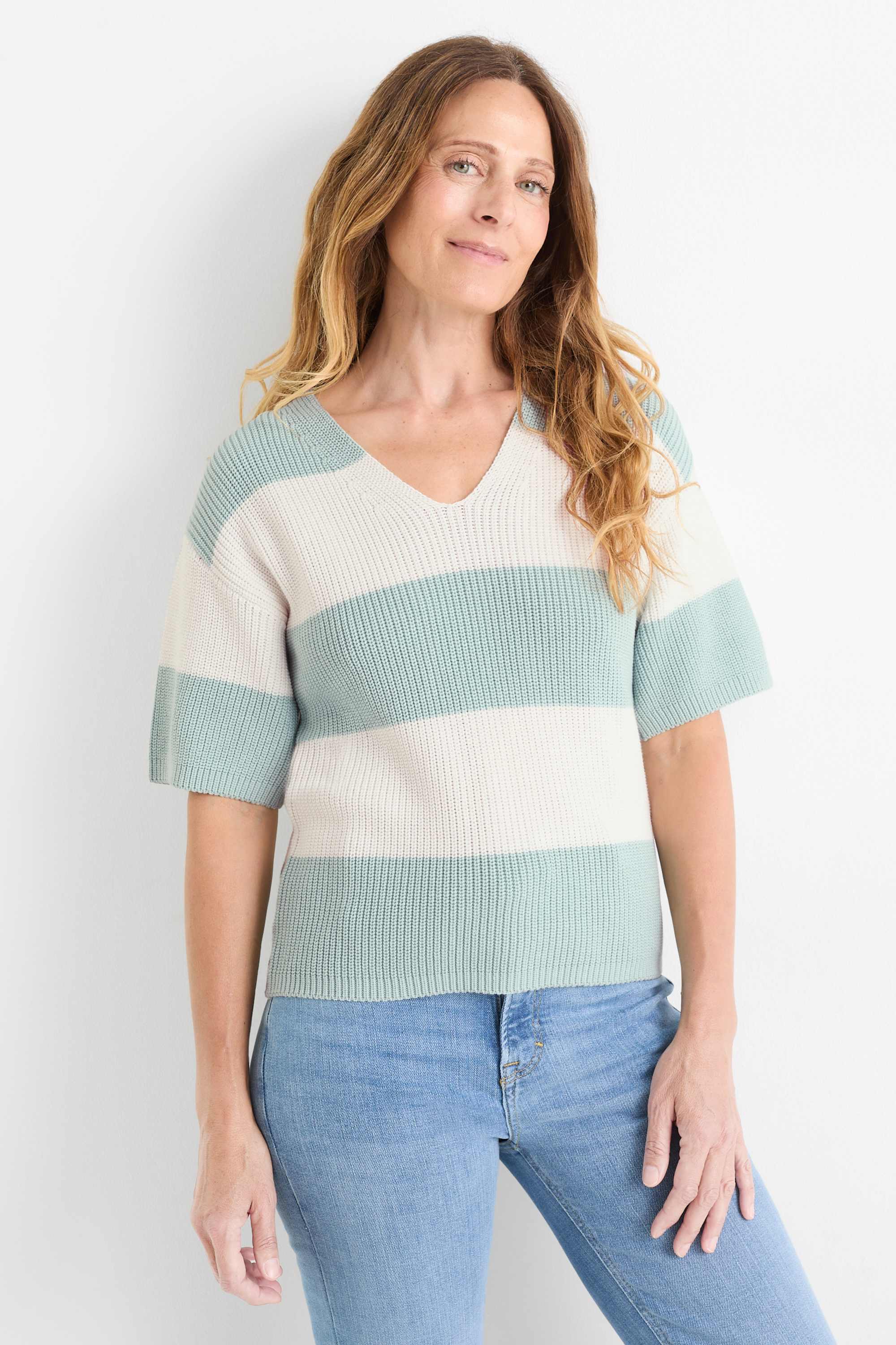 Knitted jumper - short sleeve - ribbed - striped mint green