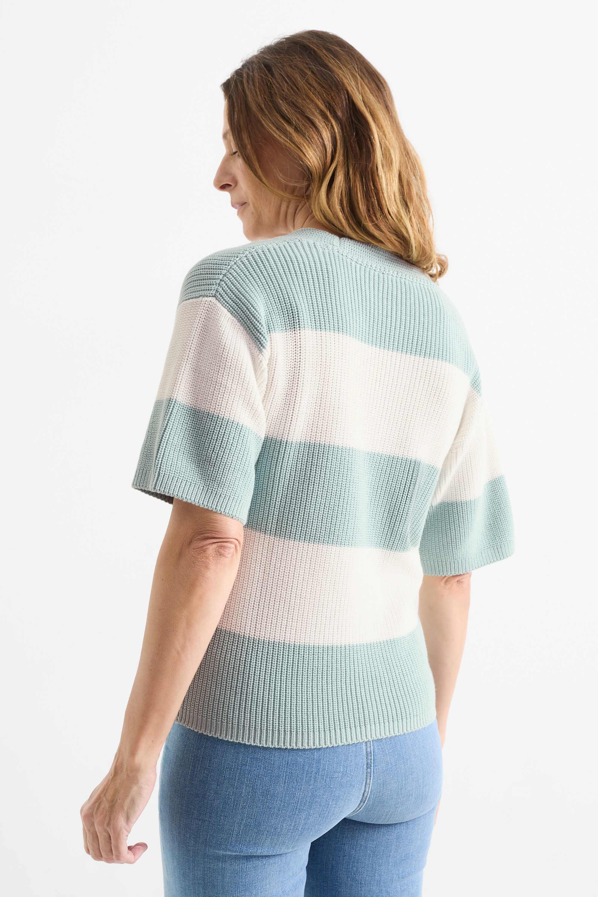 Knitted jumper - short sleeve - ribbed - striped mint green