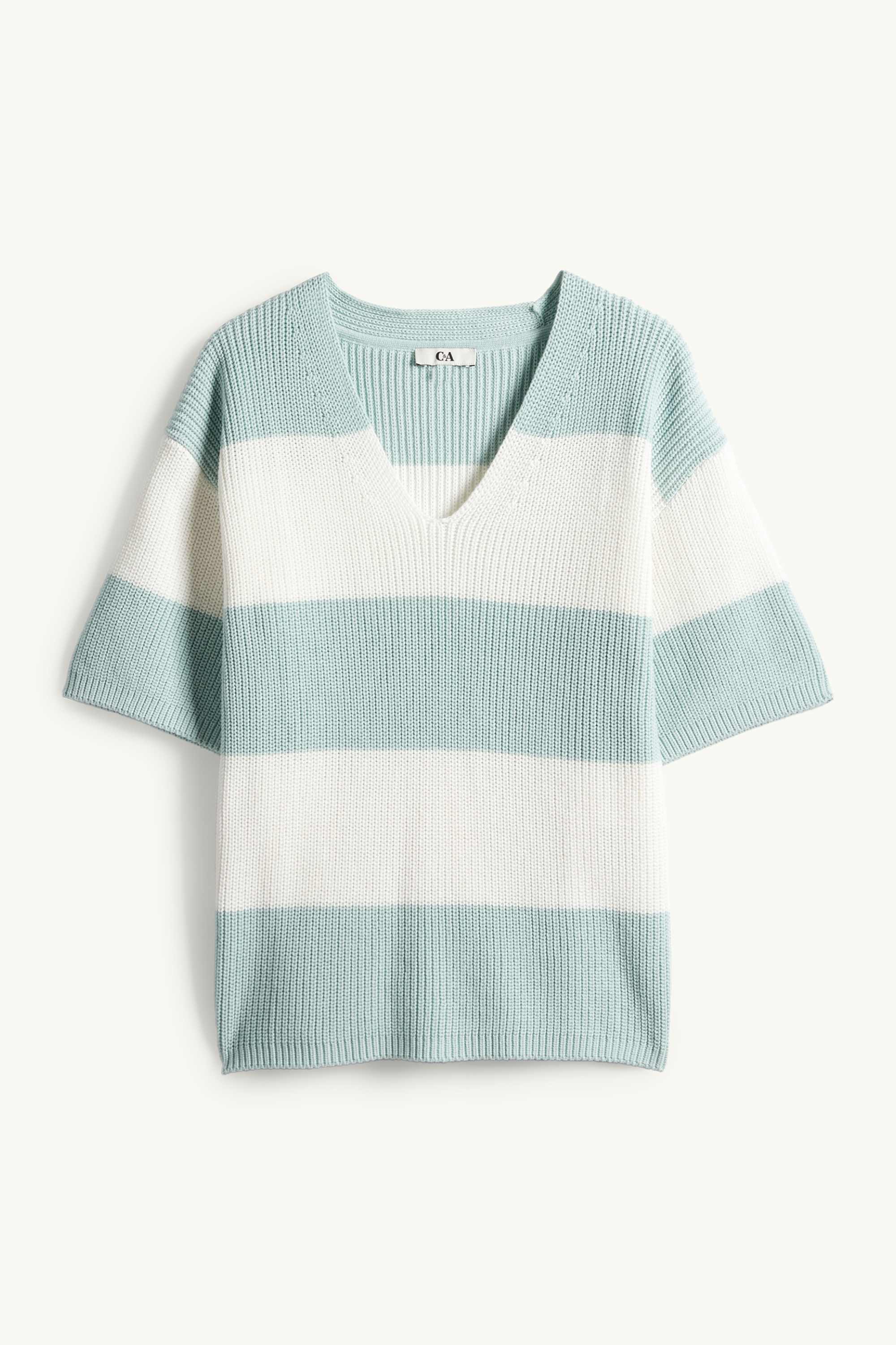 Knitted jumper - short sleeve - ribbed - striped mint green