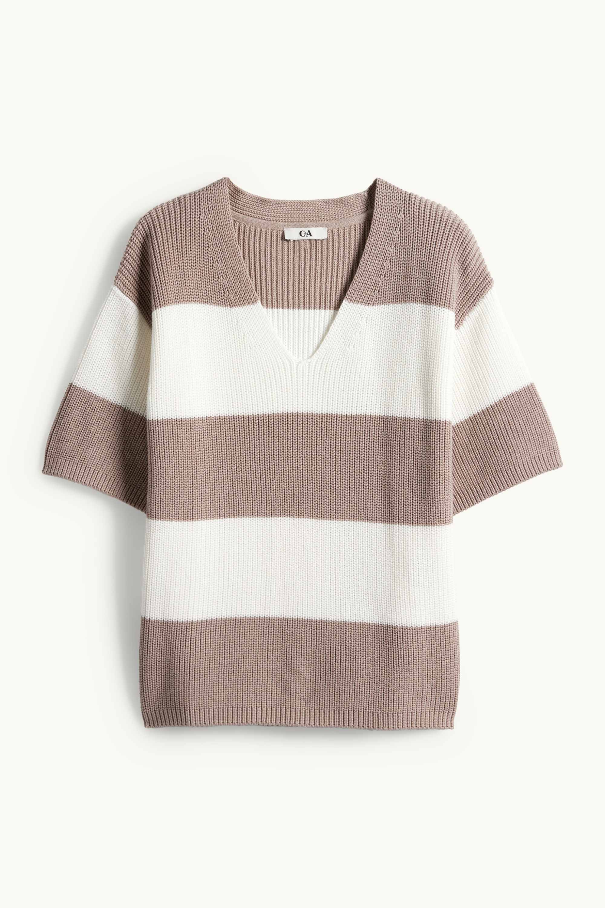 Knitted jumper - short sleeve - ribbed - striped white / beige
