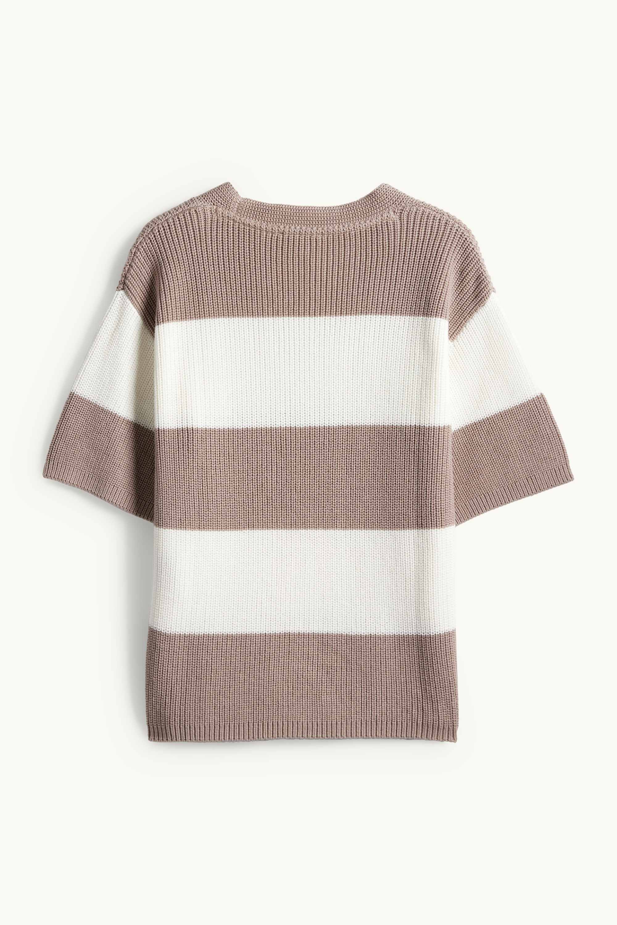 Knitted jumper - short sleeve - ribbed - striped white / beige