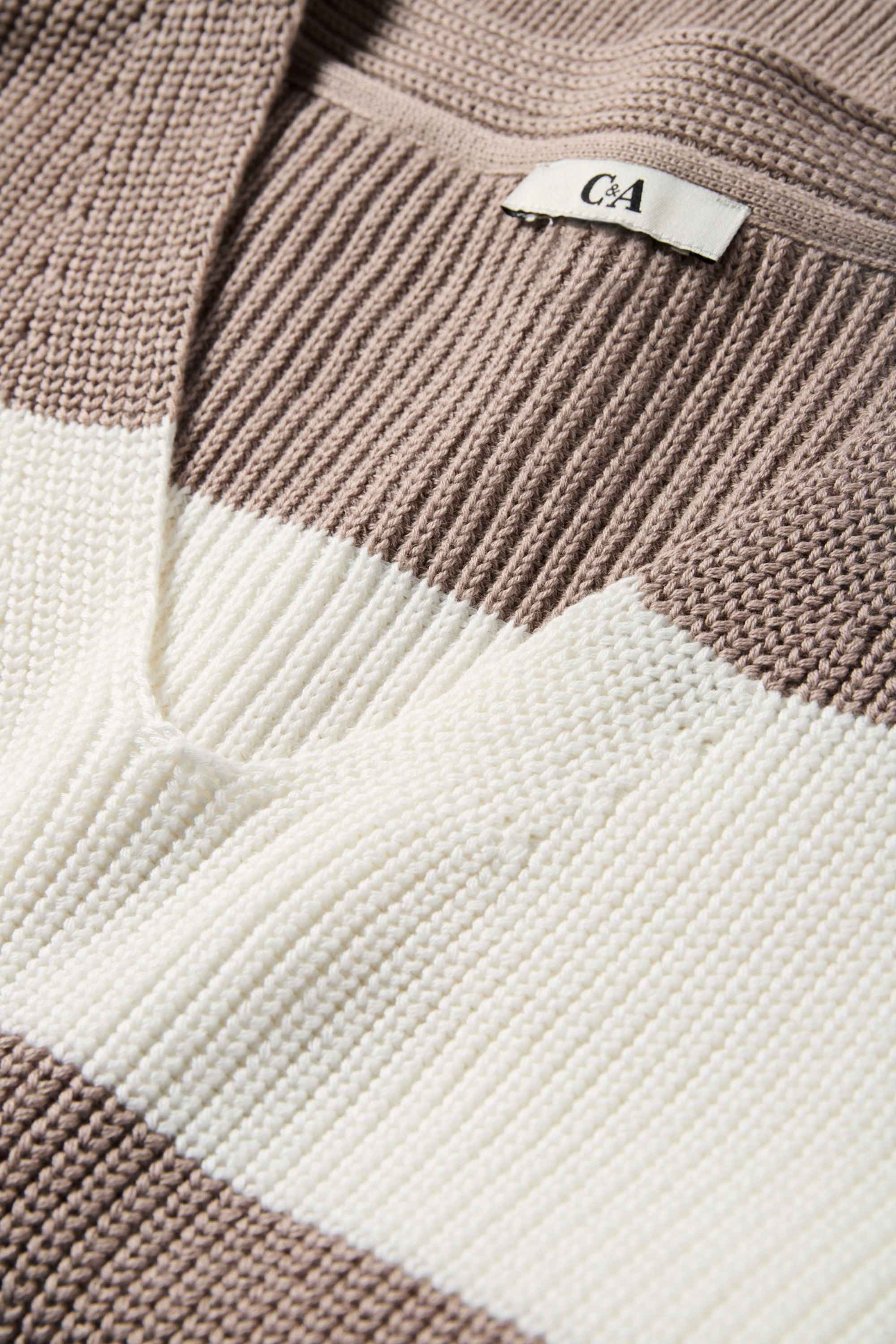 Knitted jumper - short sleeve - ribbed - striped white / beige