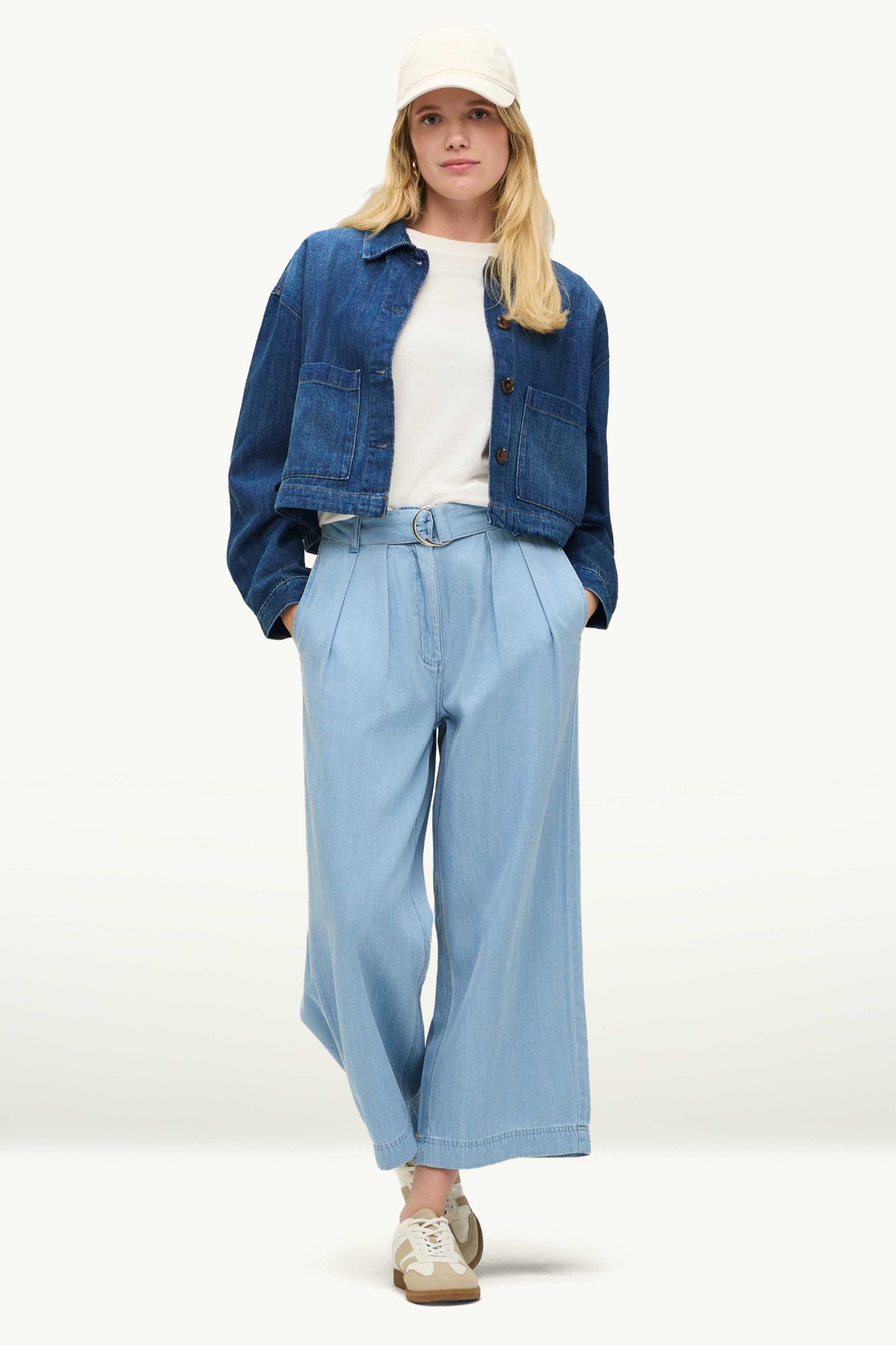 Cropped cloth trousers with belt - high waist - wide leg denim-light blue