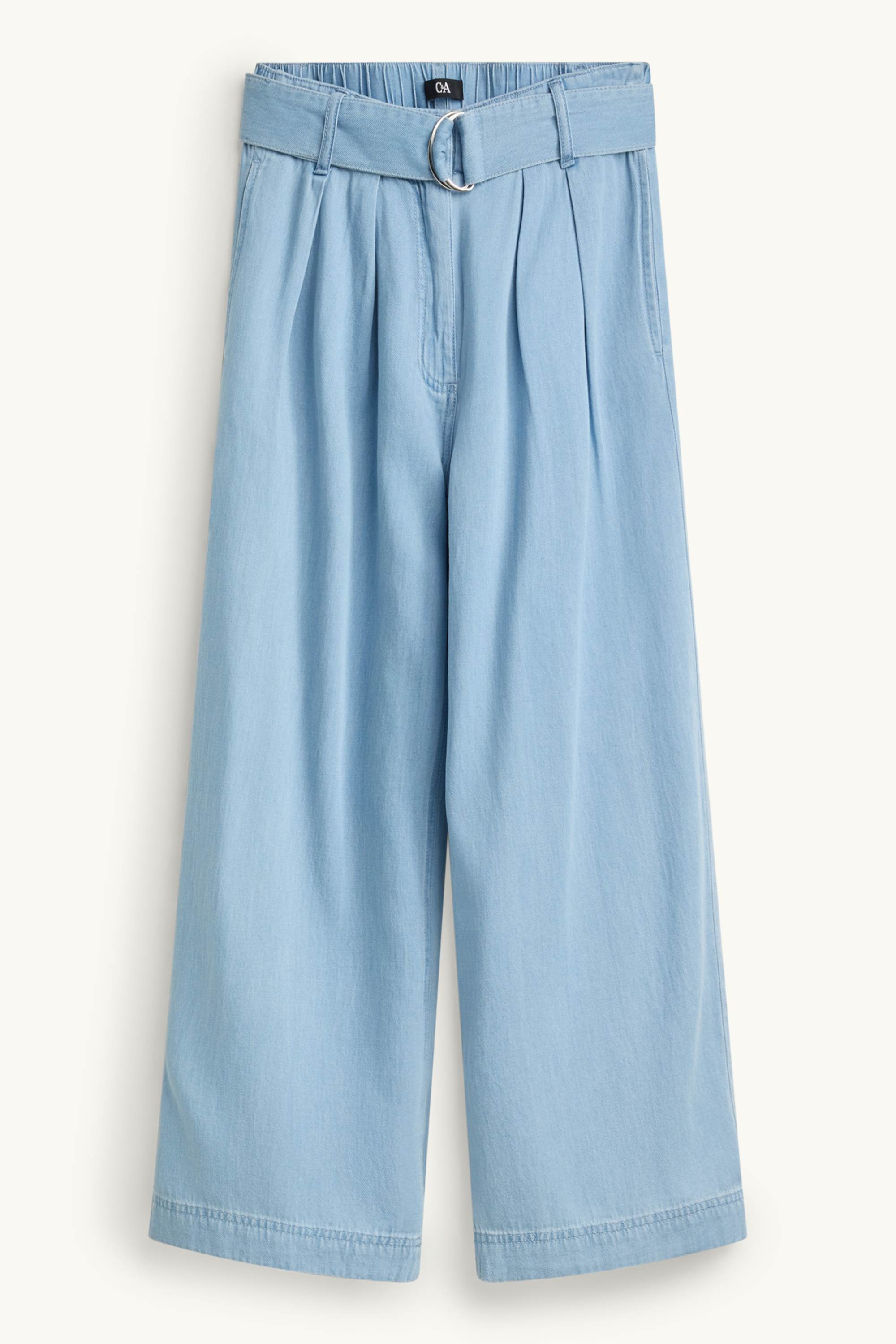 Cropped cloth trousers with belt - high waist - wide leg denim-light blue