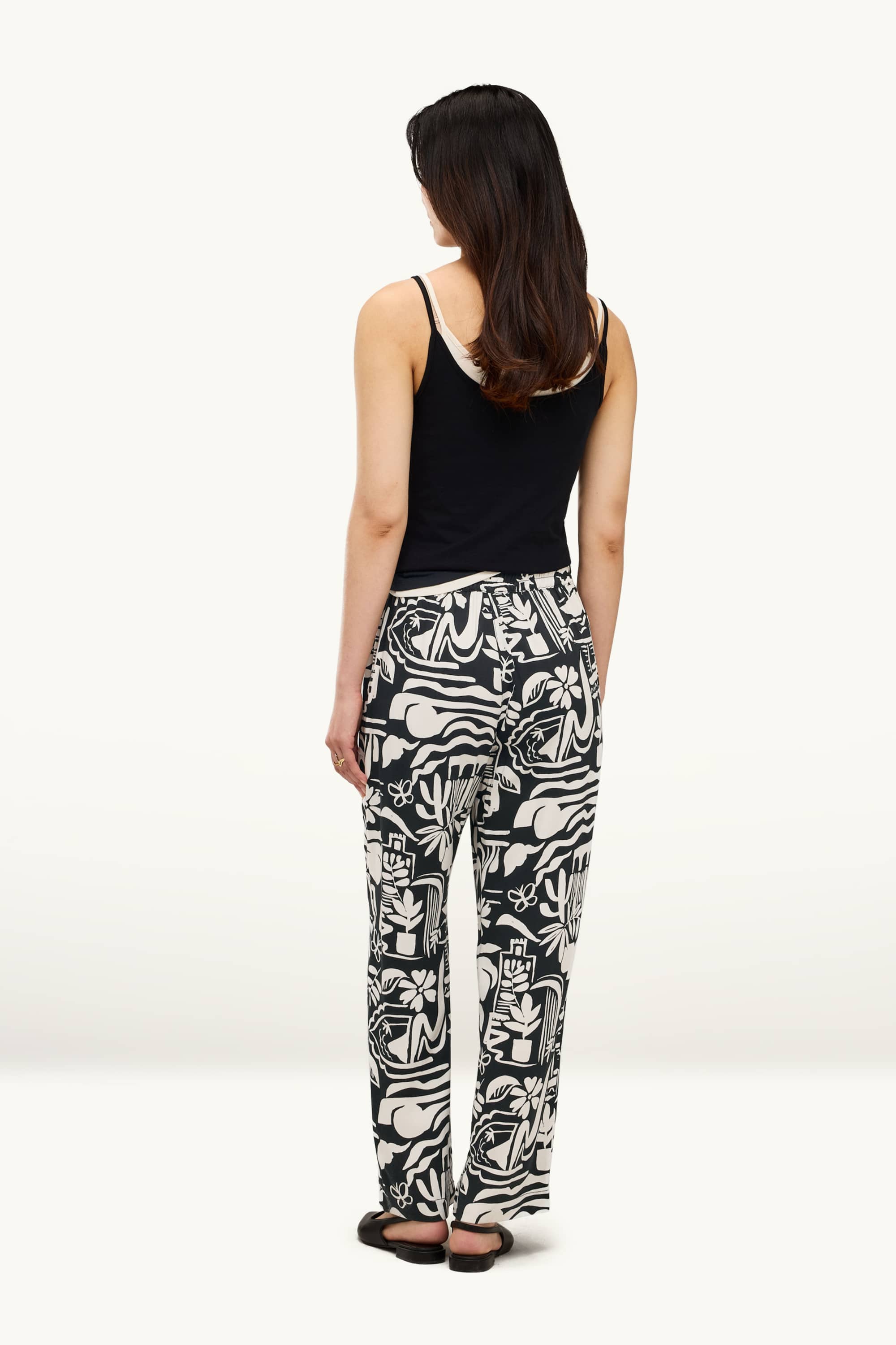Cloth trousers - mid-rise waist - wide leg - patterned black / white