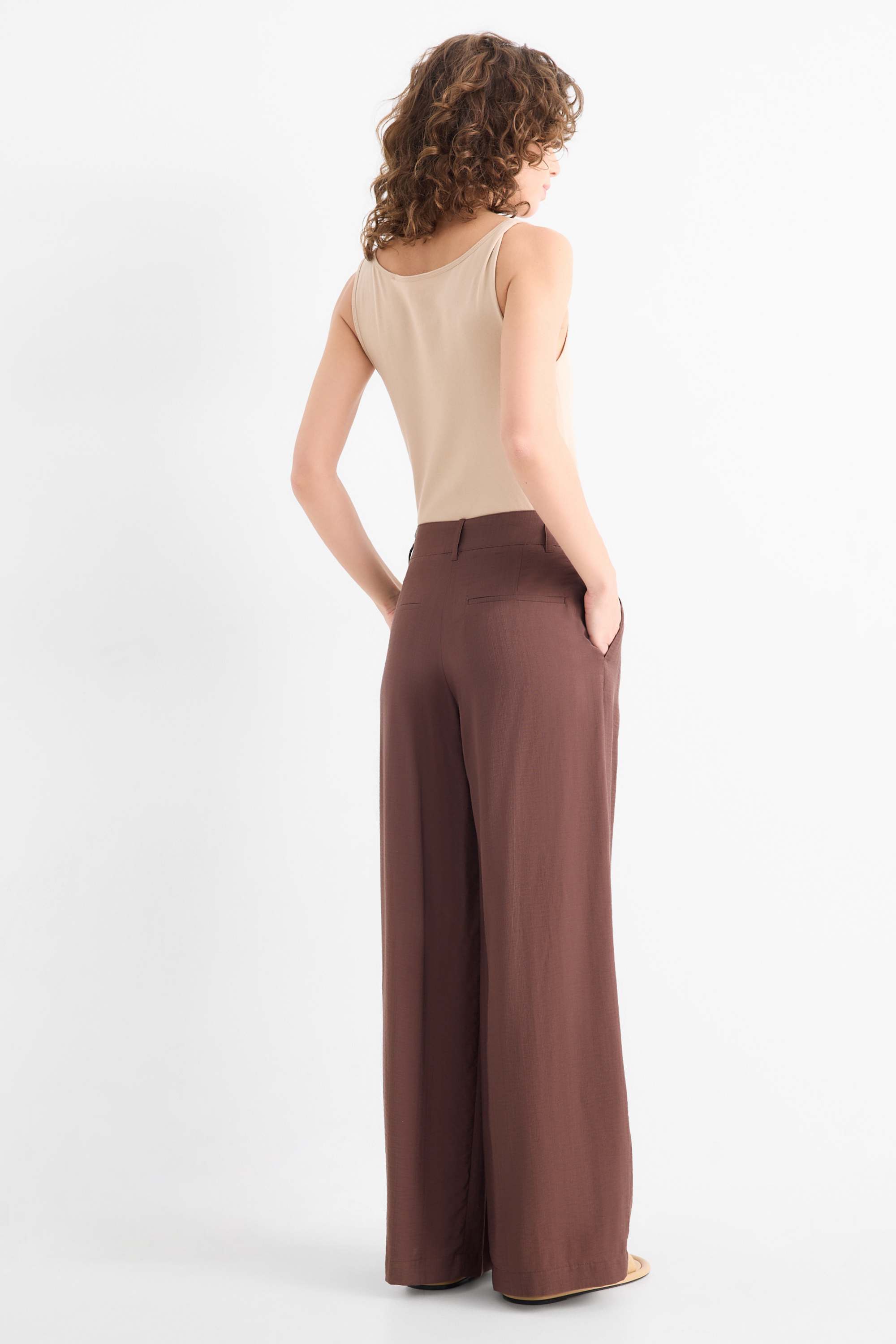 Cloth trousers - mid-rise waist - wide leg dark brown