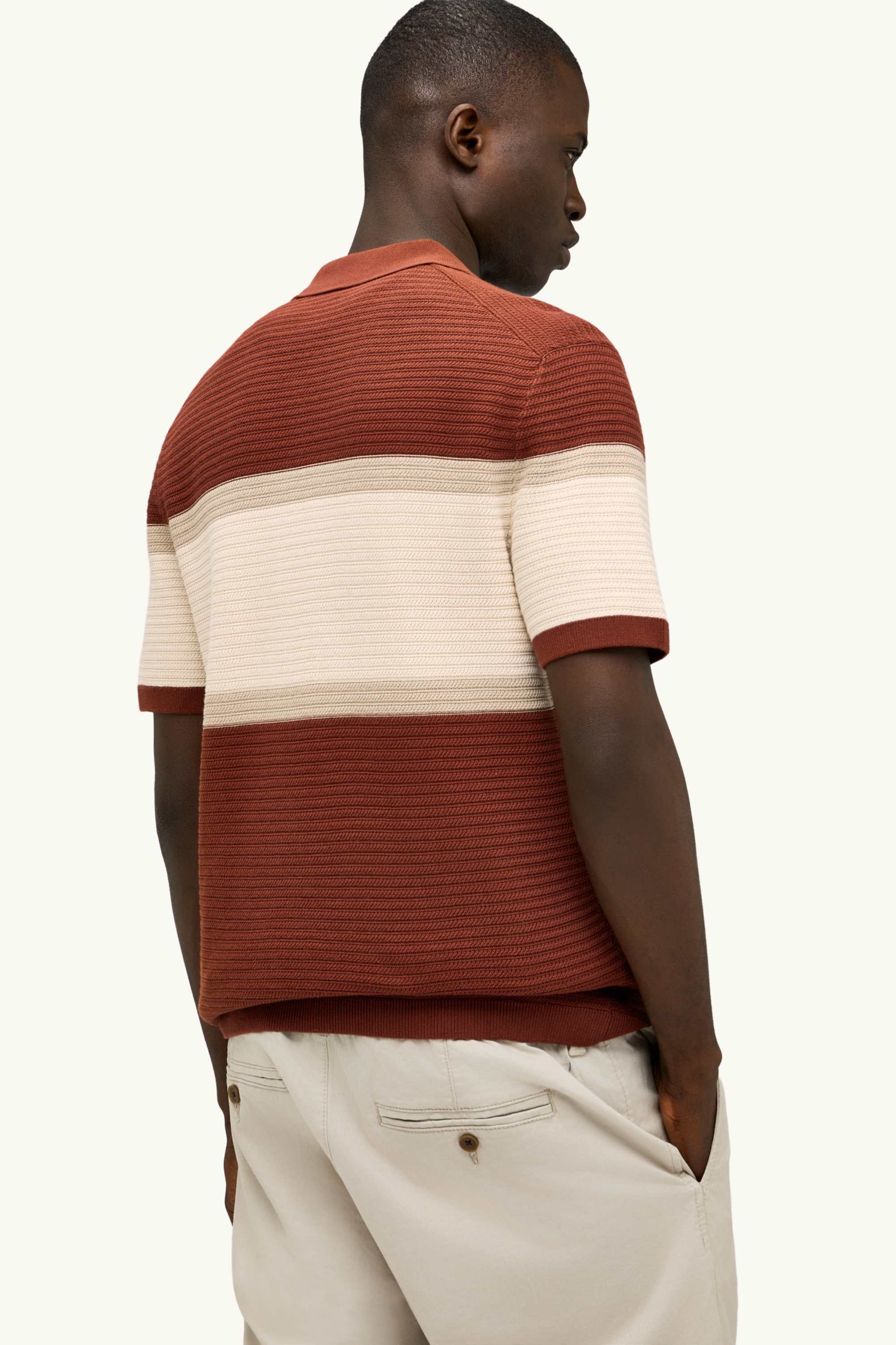 Knitted polo shirt - regular fit - striped - textured dark red