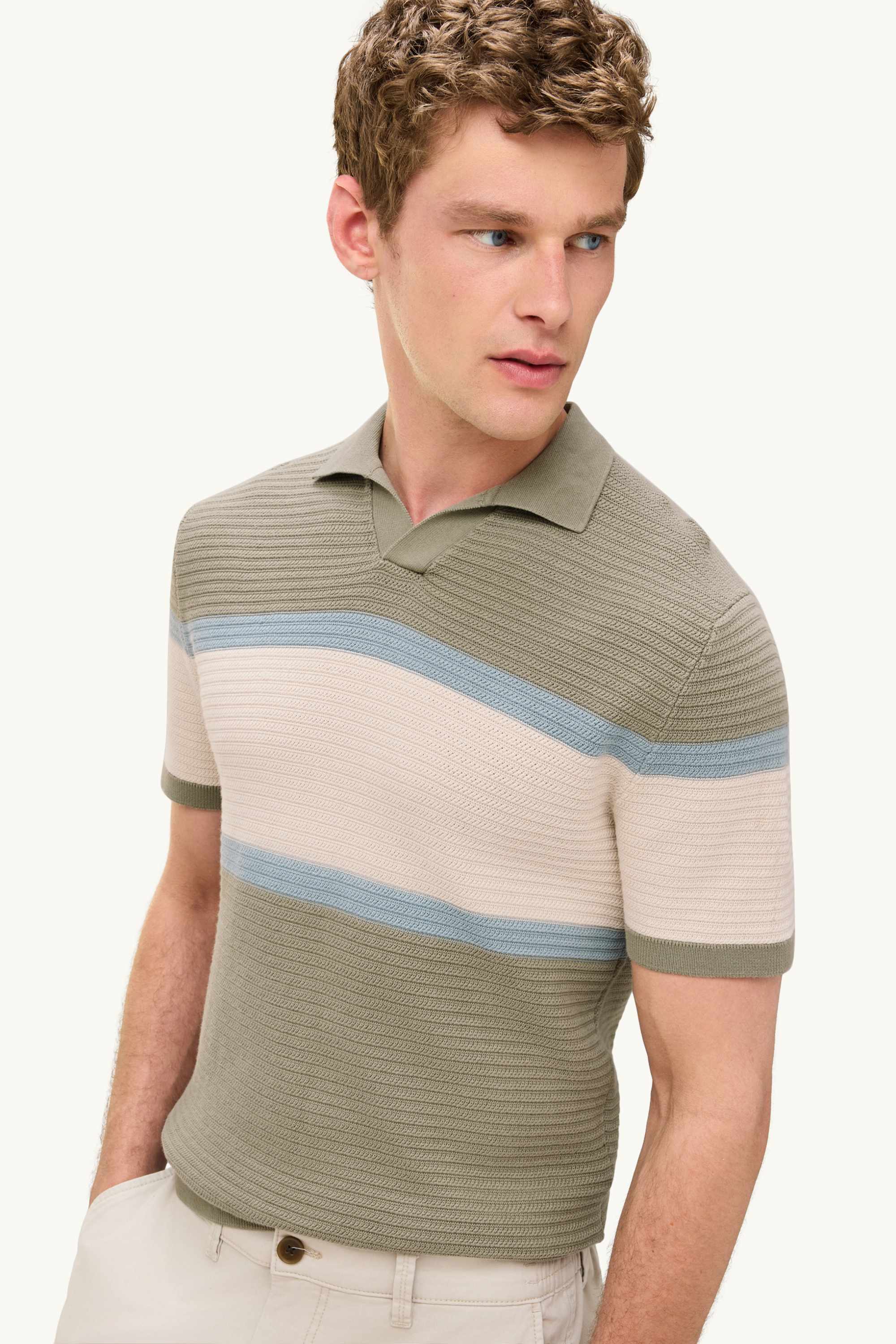 Knitted polo shirt - regular fit - striped - textured light green