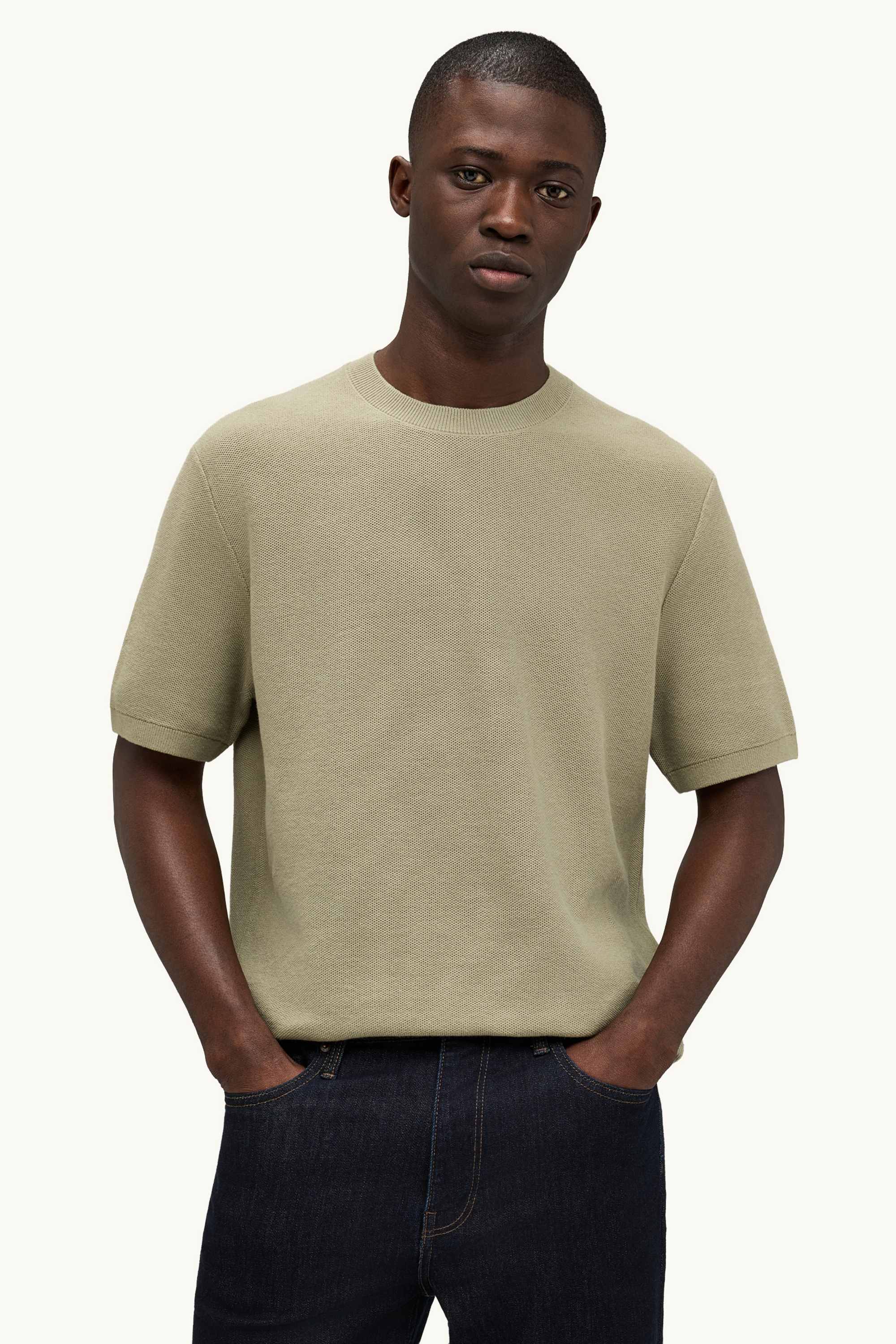 Knitted jumper - short sleeve - textured khaki