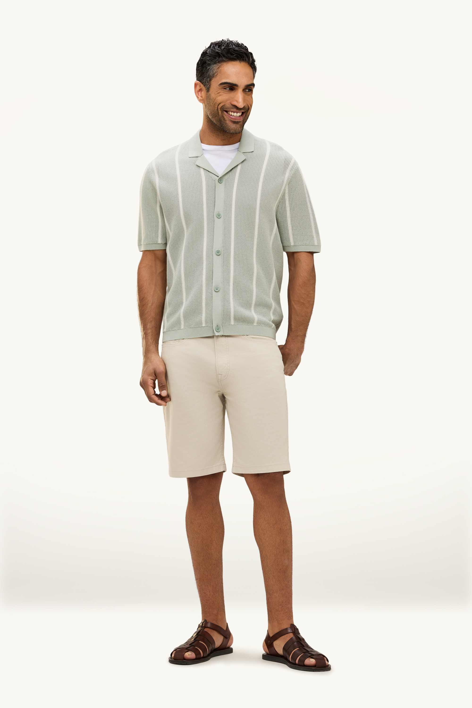 Knitted shirt - regular fit - lapel collar - striped light green
