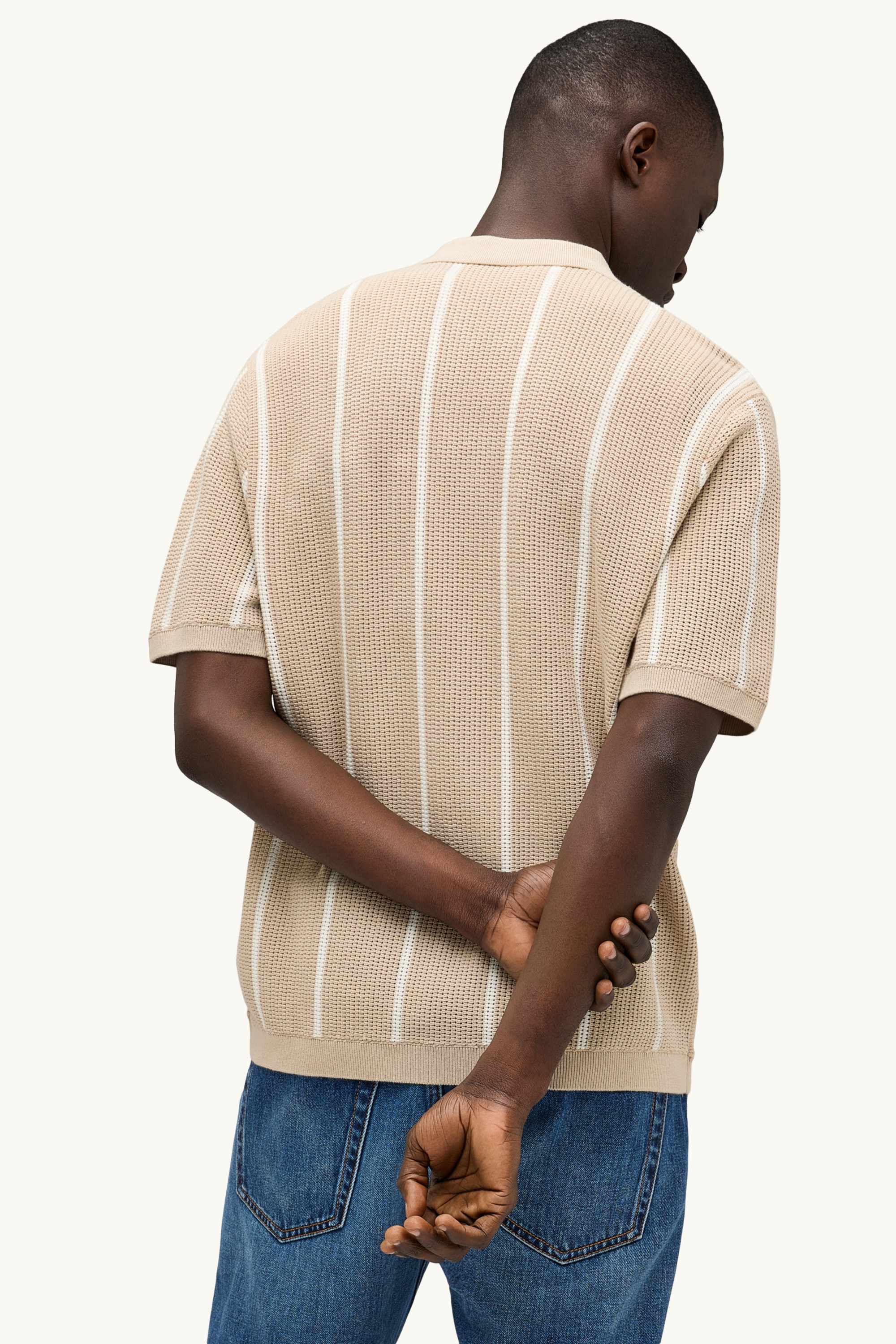 Knitted shirt - regular fit - lapel collar - striped beige
