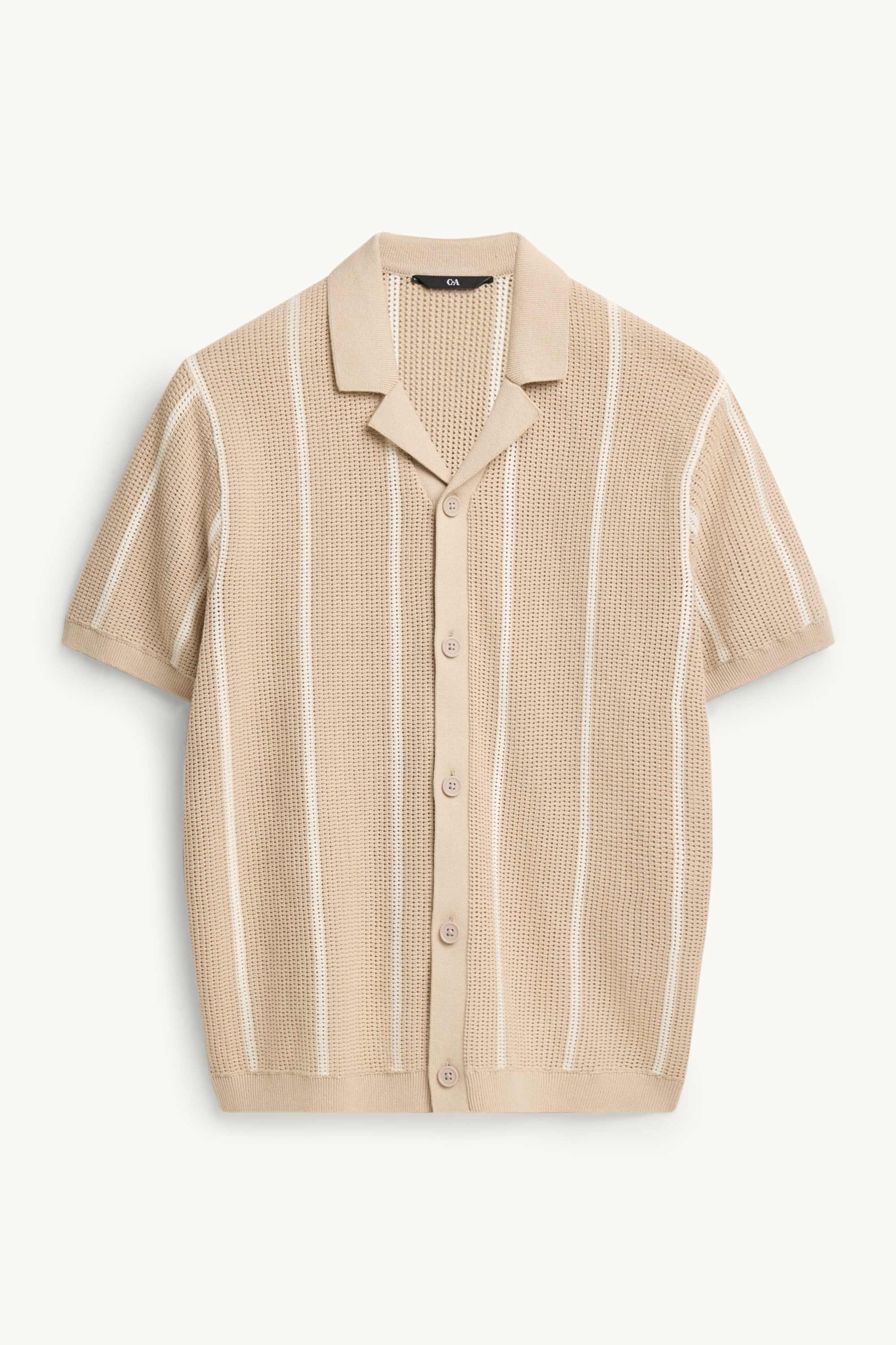 Knitted shirt - regular fit - lapel collar - striped beige