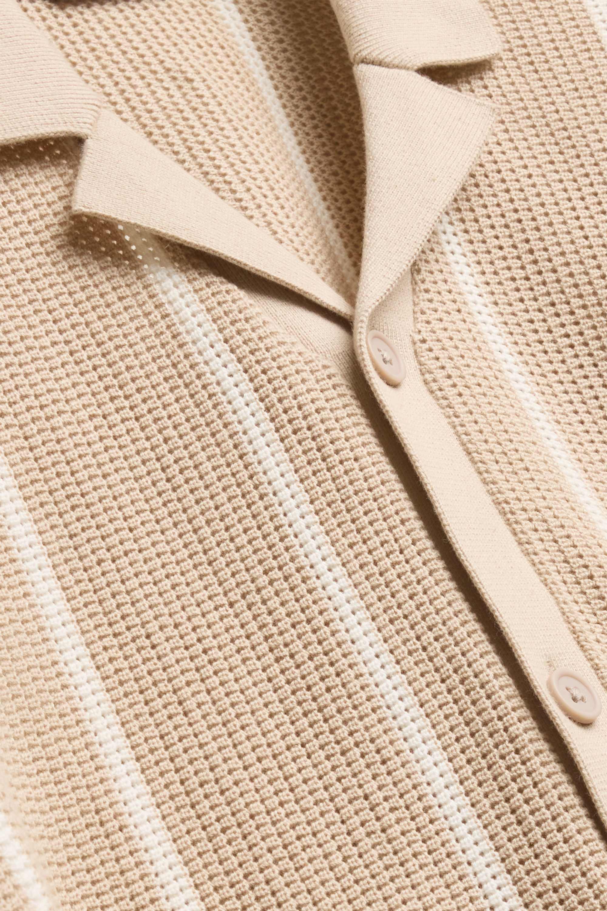 Knitted shirt - regular fit - lapel collar - striped beige