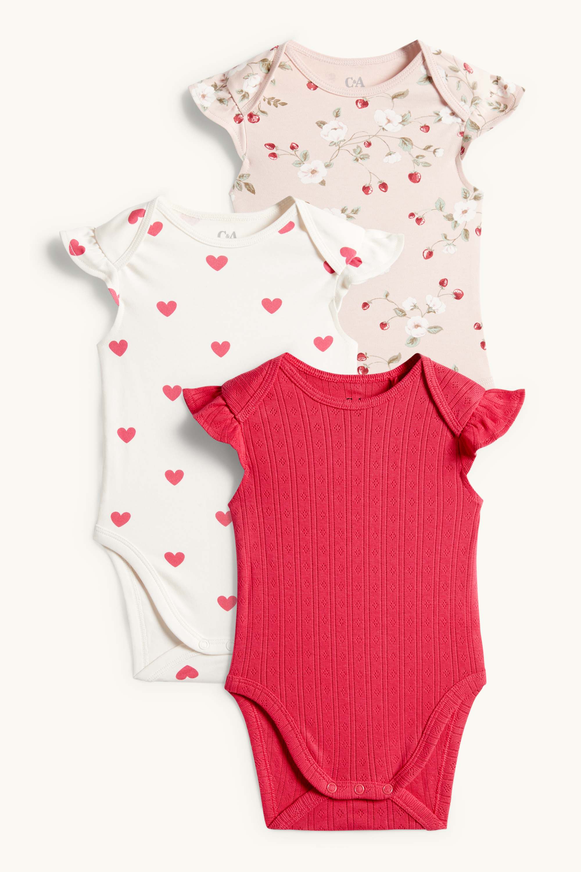 Multipack of 3 - strawberries and hearts - baby bodysuit red