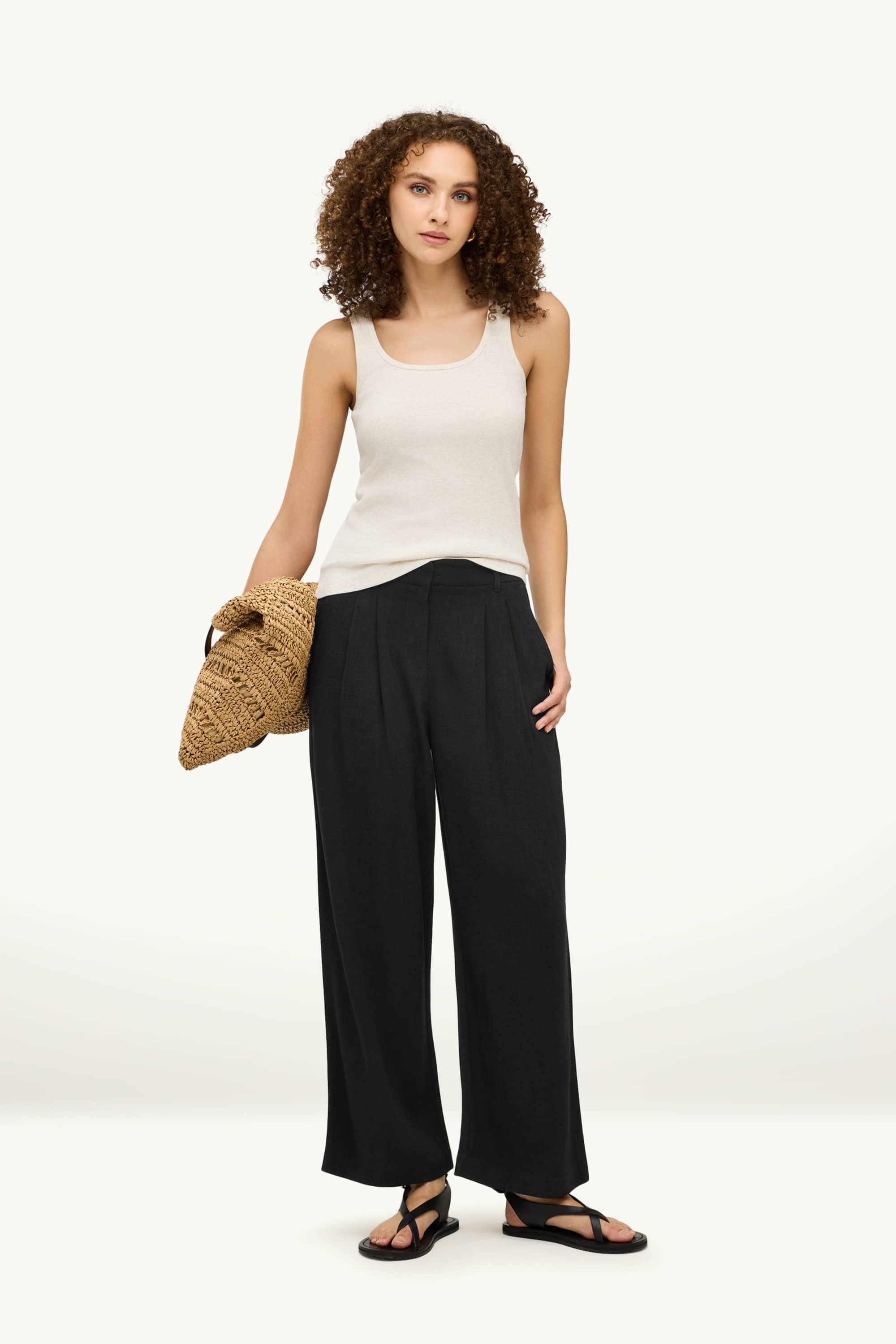 Linen blend cloth trousers - high waist - palazzo black