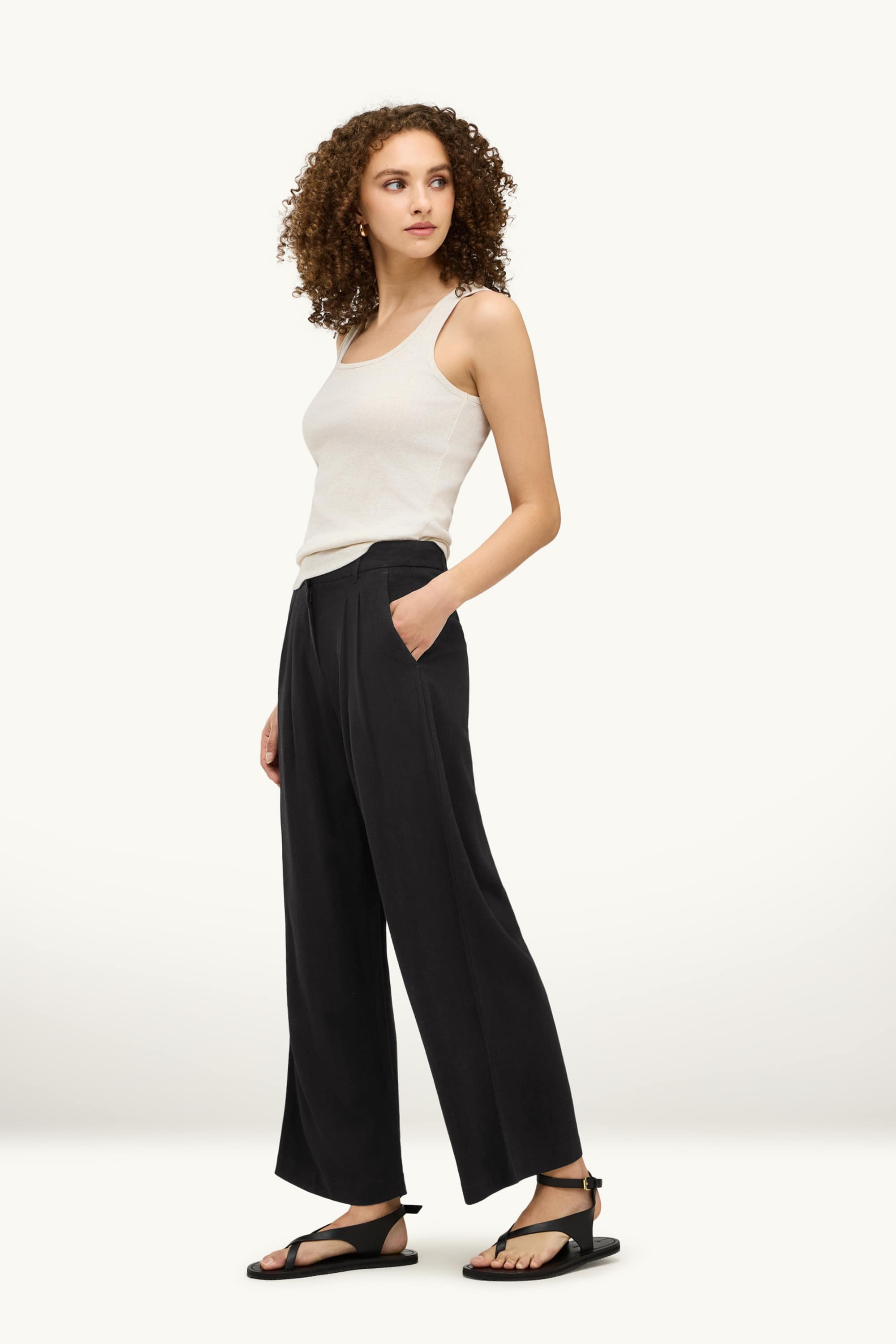 Linen blend cloth trousers - high waist - palazzo black
