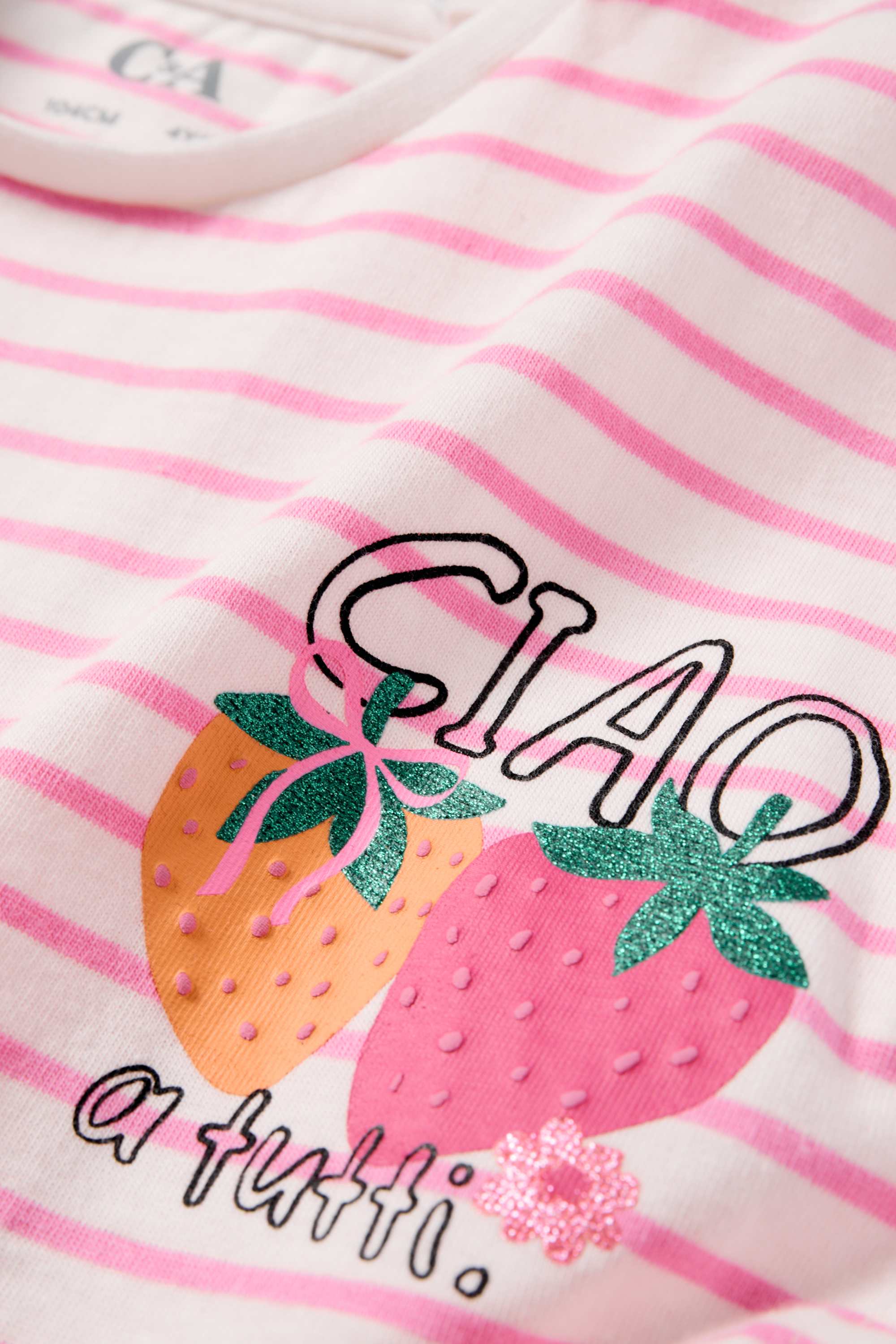 Strawberries - short sleeve T-shirt - striped - shiny white / rose