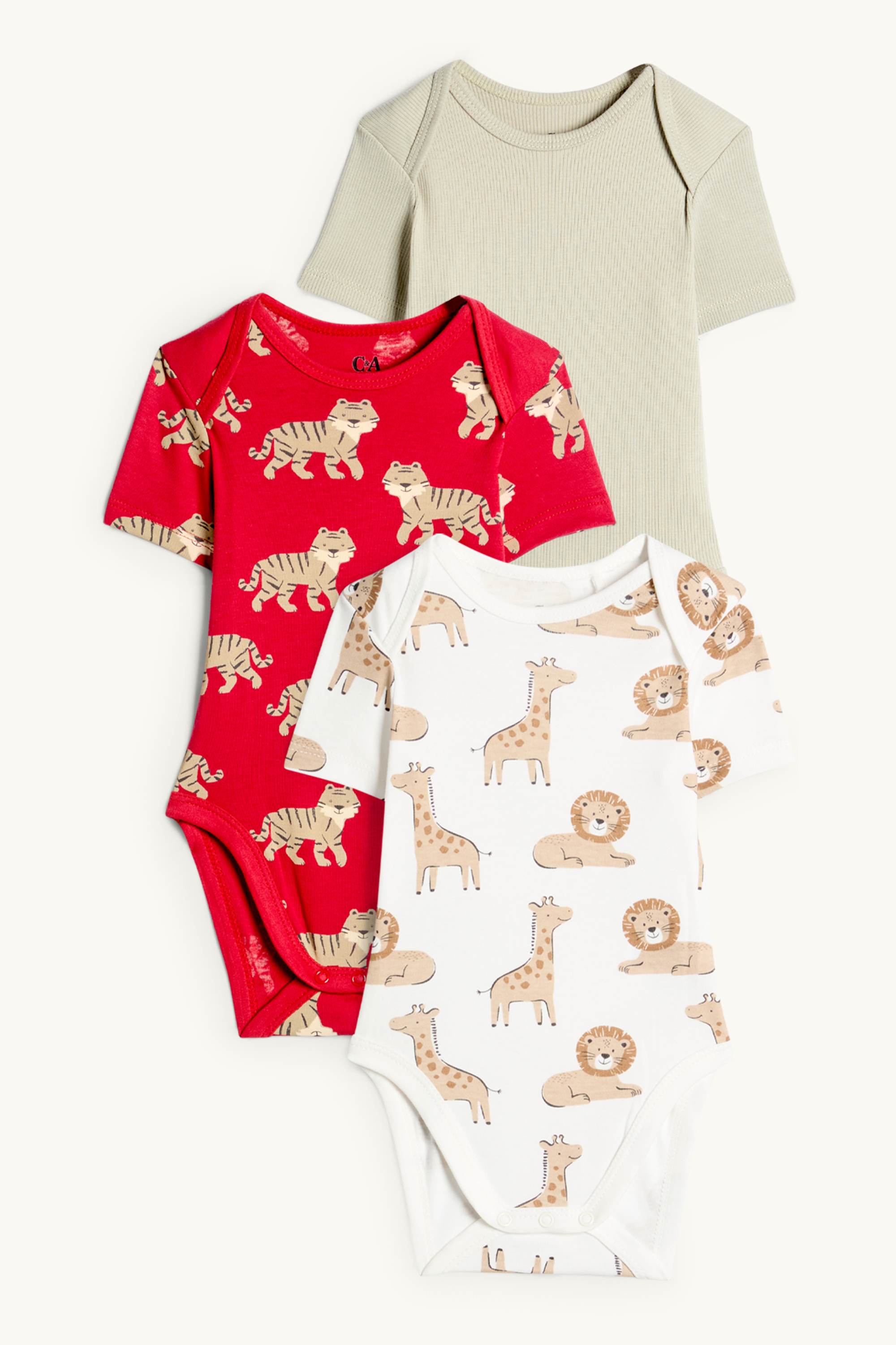 Multipack of 3 - giraffe, lion and tiger - baby bodysuit white / red