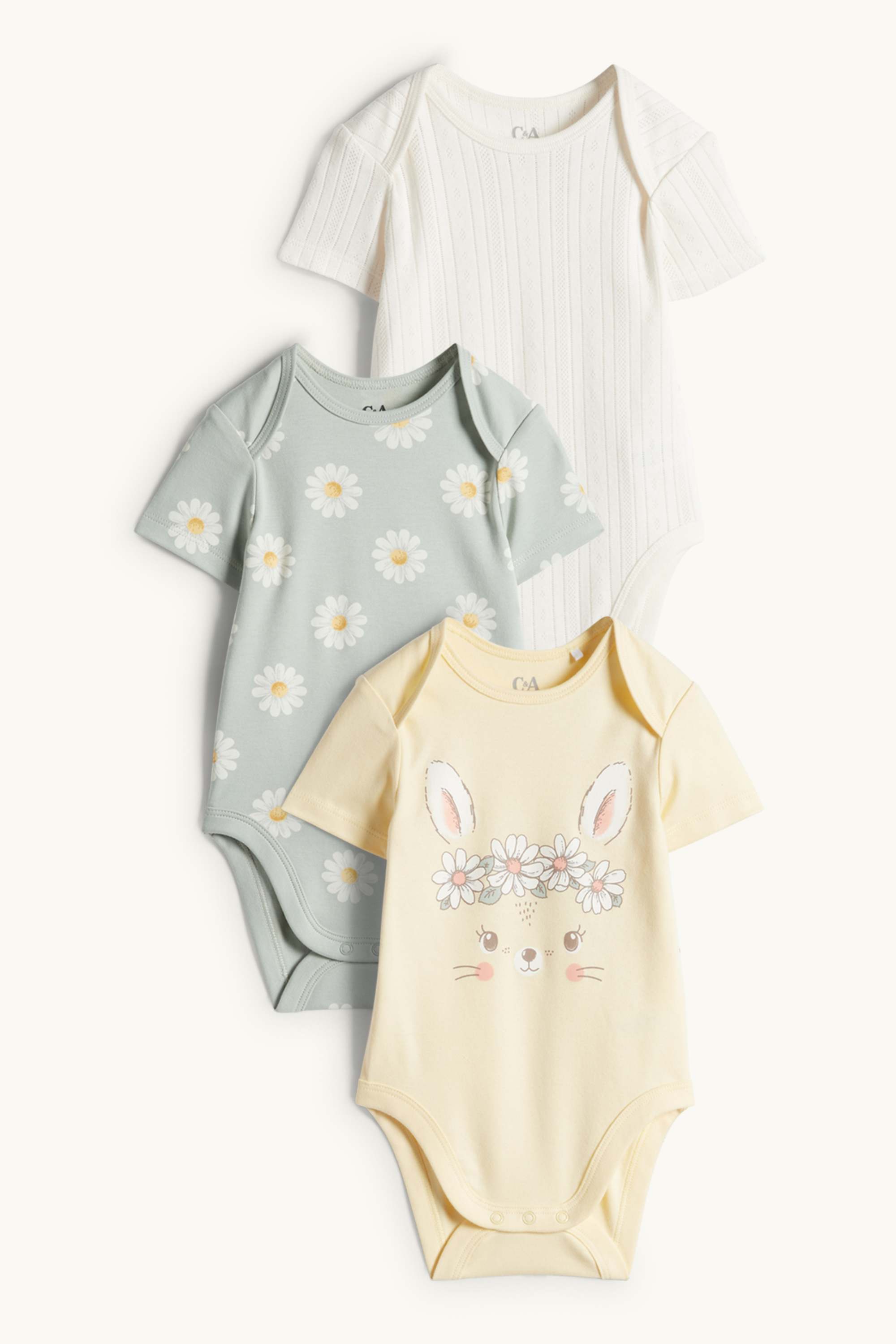 Multipack of 3 - bunny rabbit and flowers - baby bodysuit light yellow