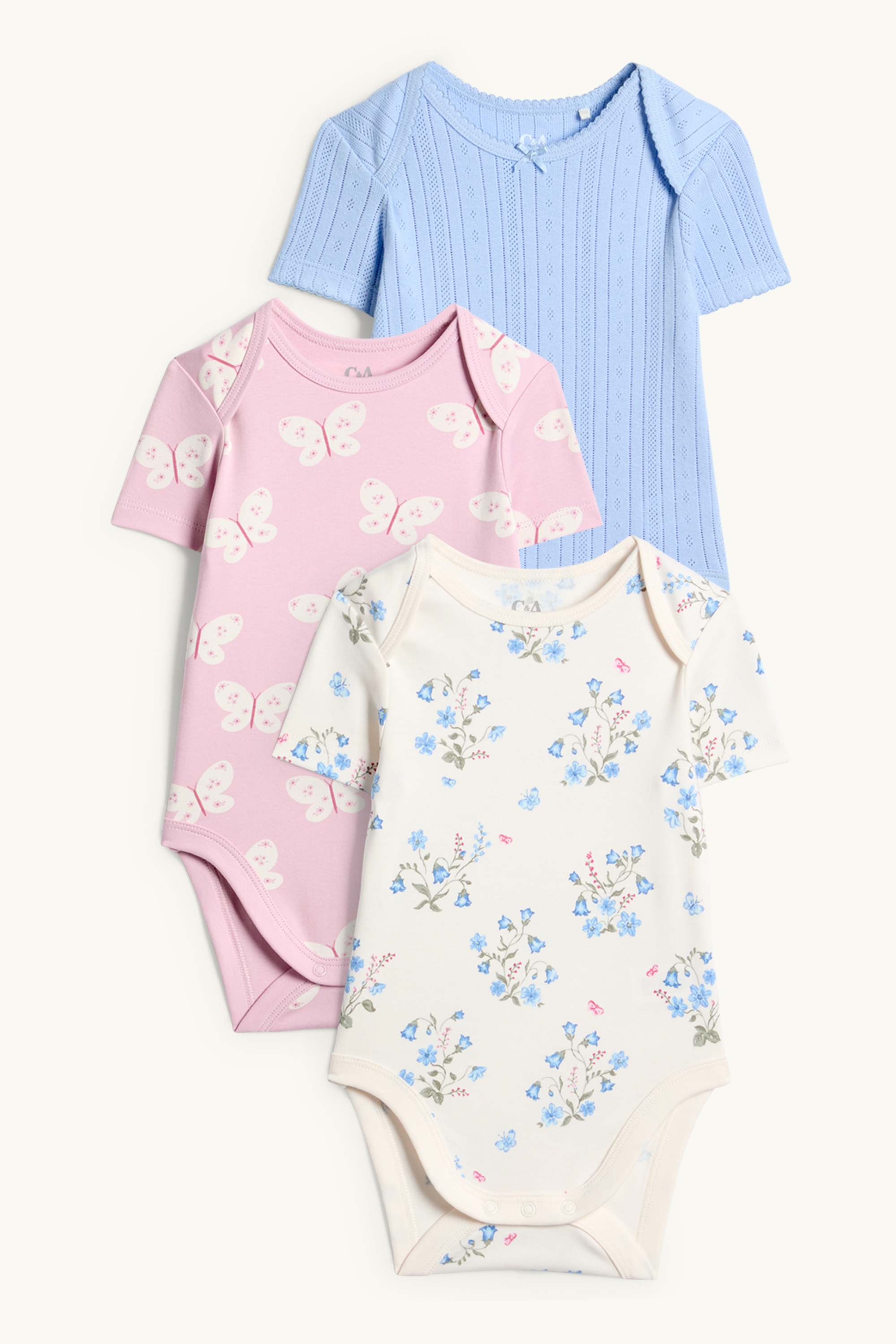 Multipack of 3 - flowers and butterflies - baby bodysuit rose / blue