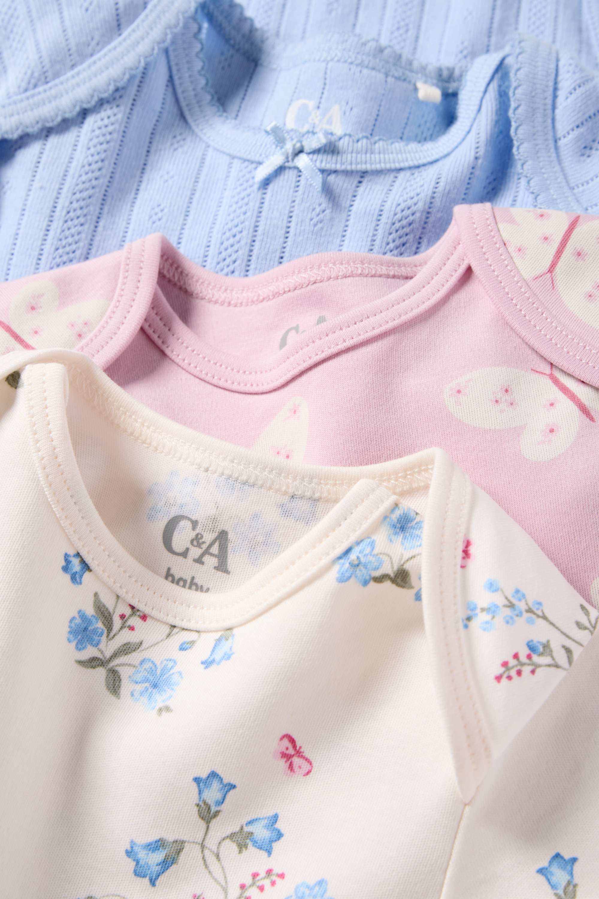 Multipack of 3 - flowers and butterflies - baby bodysuit rose / blue